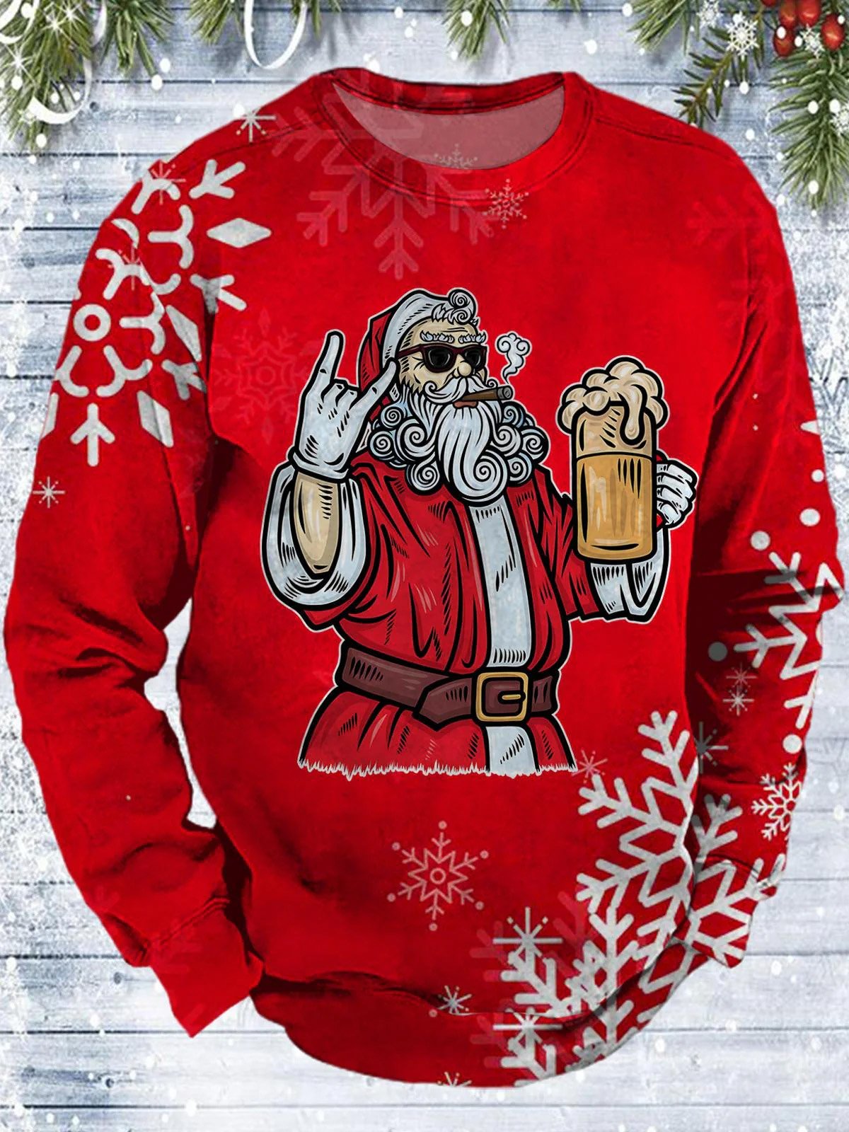 Royaura® Christmas Santa Beer 3D Digital Printing Men's Round Neck Sweatshirt Big & Tall