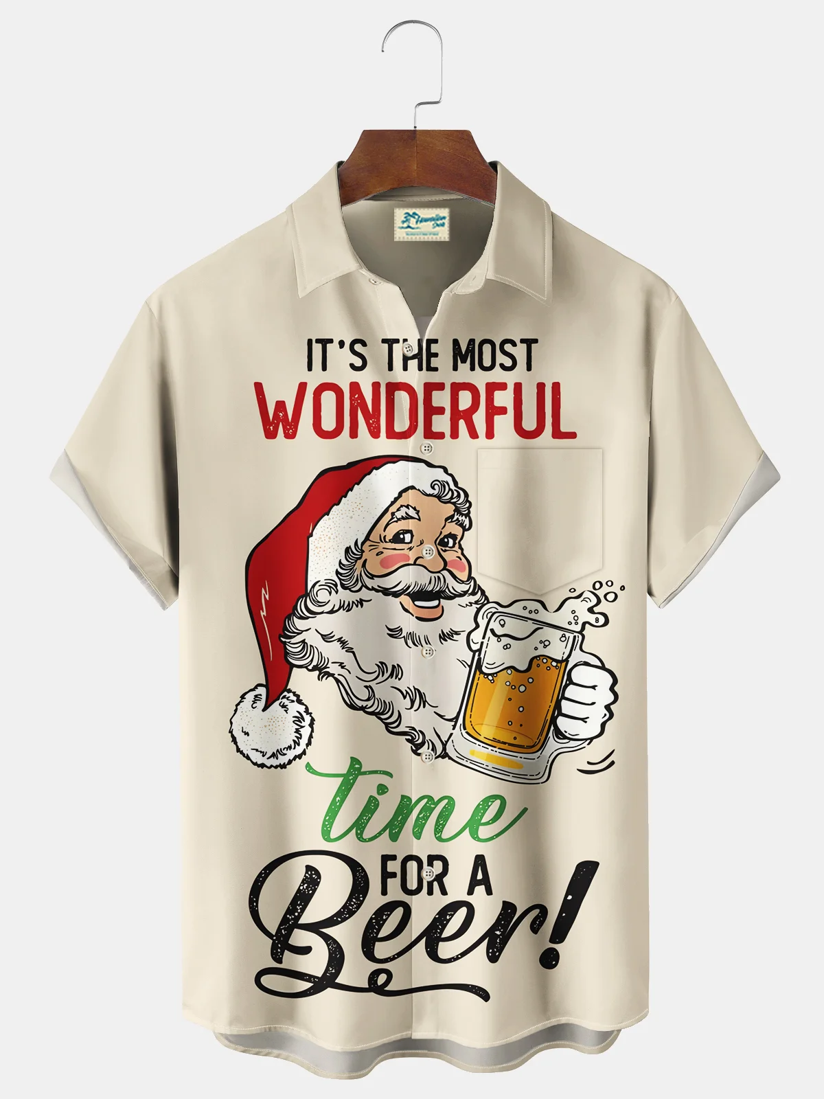 Royaura® Christmas Santa Beer Cartoon Print Chest Pocket Stretch Shirt Big Tall