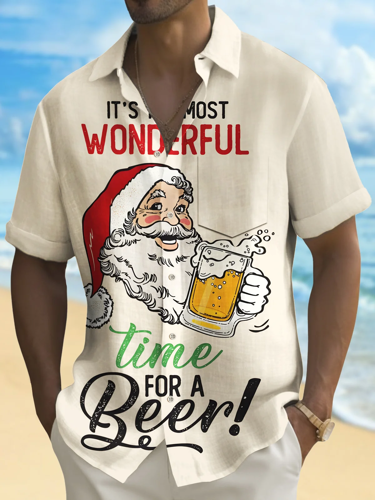 Royaura® Christmas Santa Beer Cartoon Print Chest Pocket Stretch Shirt Big Tall