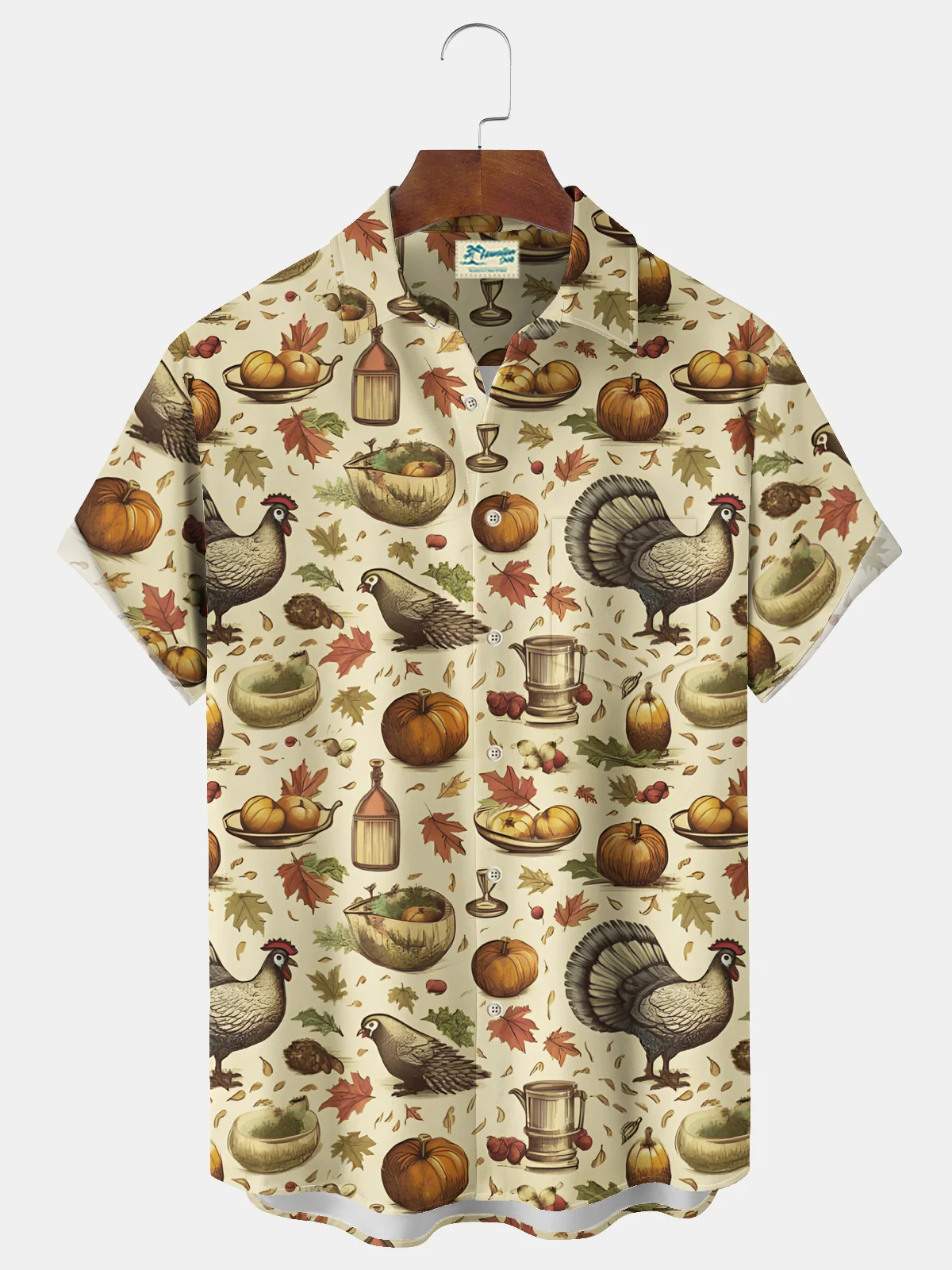 Royaura® Thanksgiving Cartoon Print Chest Pocket Stretch Shirt Big Tall