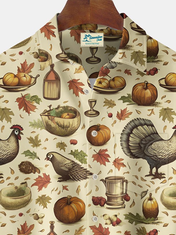 Royaura® Thanksgiving Cartoon Print Chest Pocket Stretch Shirt Big Tall