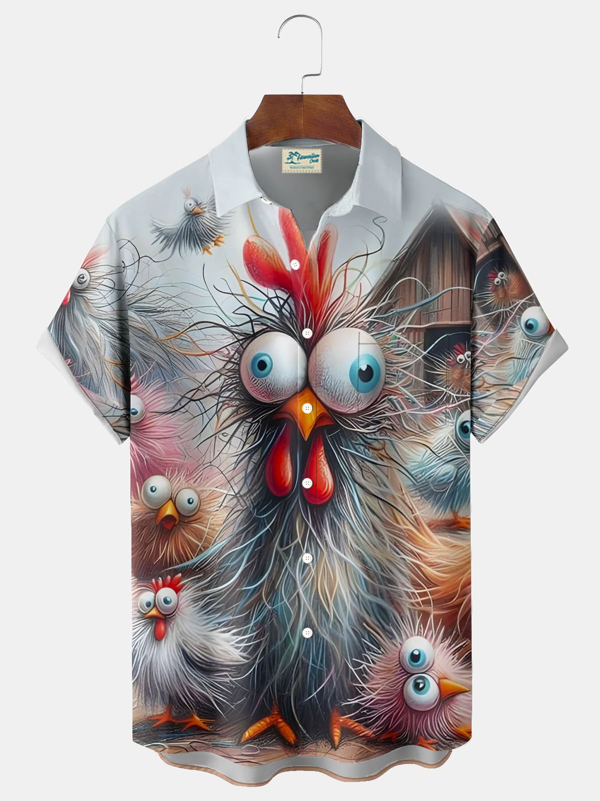 Royaura® Retro Art Abstract Rooster 3D Digital Print Men's Button Pocket Short Sleeve Shirt Big & Tall