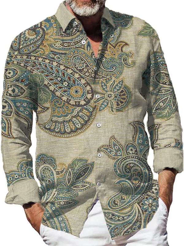 Royaura® Vintage Men's Paisley Print Chest Pocket Stretch Long Sleeve Shirt Big Tall