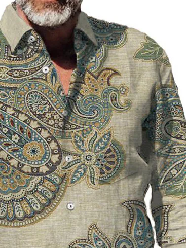 Royaura® Vintage Men's Paisley Print Chest Pocket Stretch Long Sleeve Shirt Big Tall