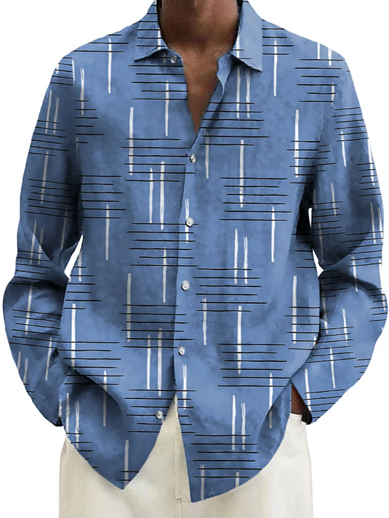 Royaura® Retro Geometric Stripe 3D Digital Printing Men's Button Pocket Long Sleeve Shirt Big & Tall