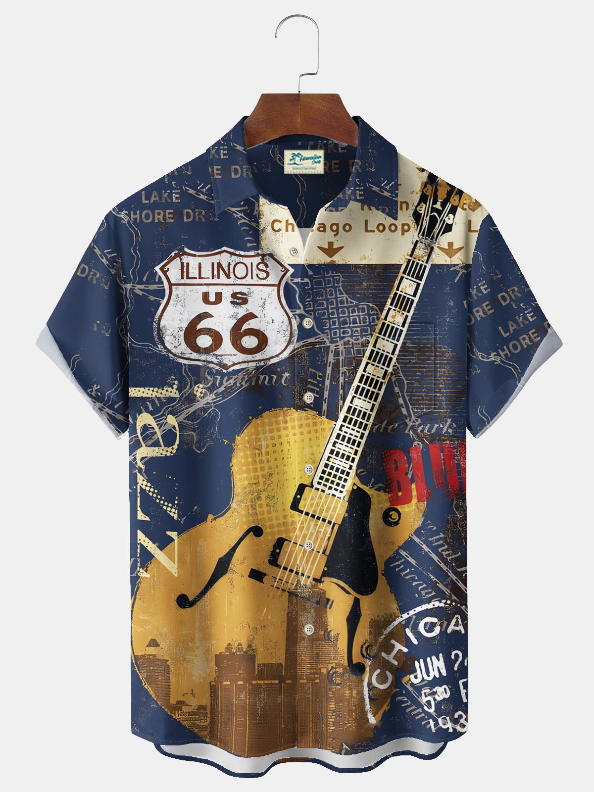 Royaura® Vintage Music Guitar Print Men's Chest Pocket Stretch Shirt Big Tall