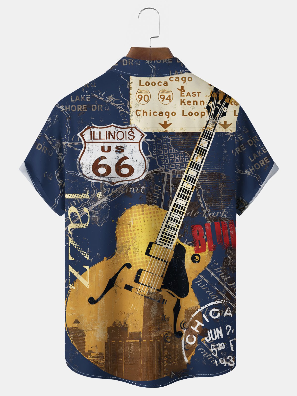 Royaura® Vintage Music Guitar Print Men's Chest Pocket Stretch Shirt Big Tall