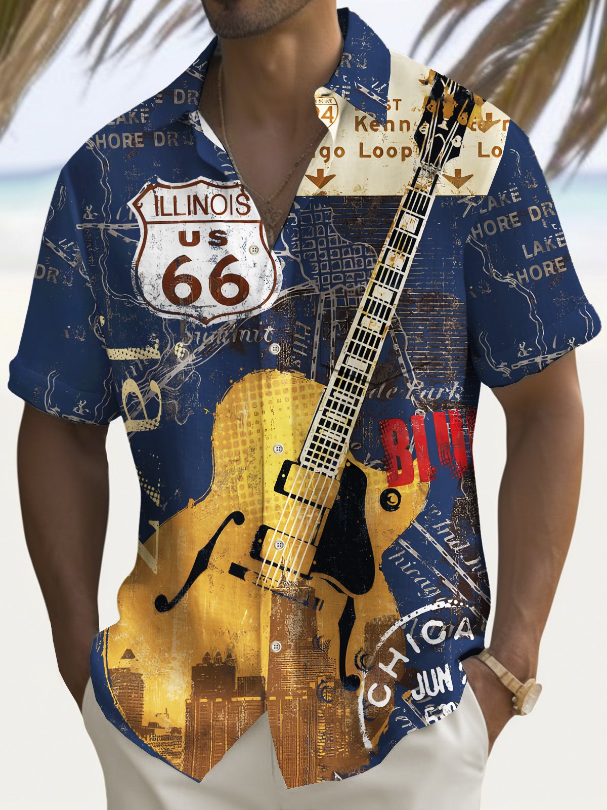 Royaura® Vintage Music Guitar Print Men's Chest Pocket Stretch Shirt Big Tall