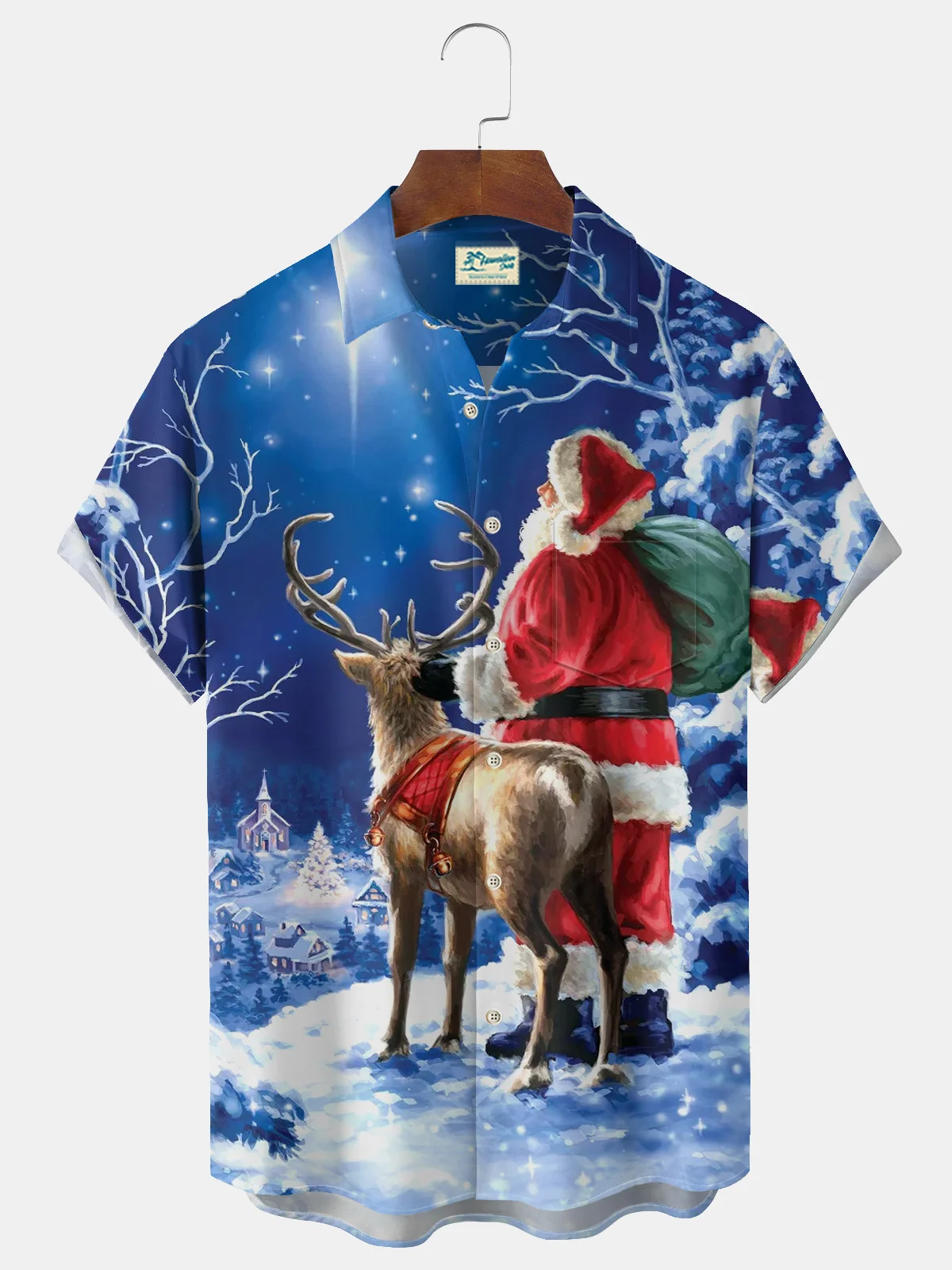 Royaura® Christmas Santa Sika Deer Gradient 3D Digital Print Men's Button Pocket Short Sleeve Shirt Big & Tall