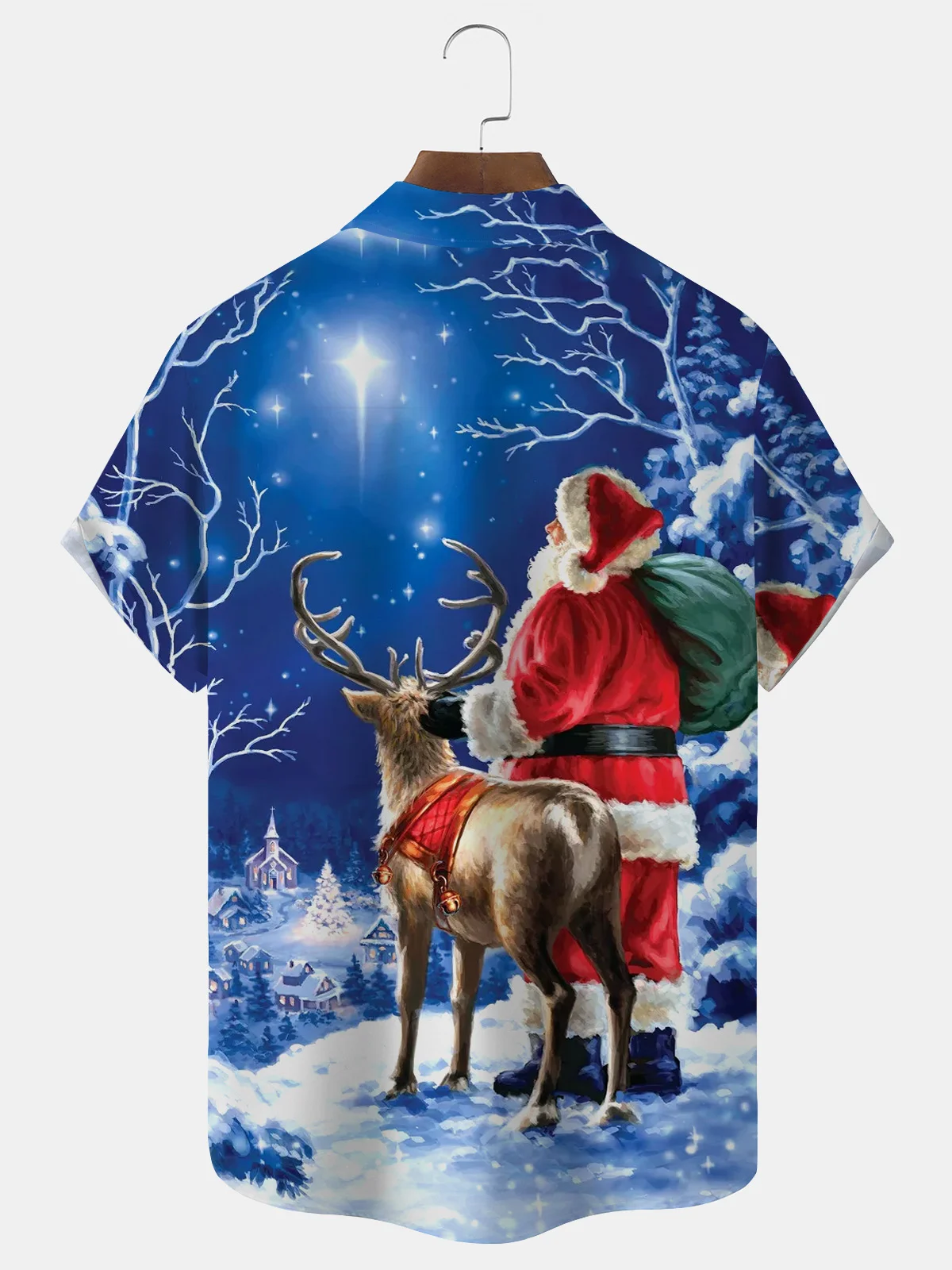 Royaura® Christmas Santa Sika Deer Gradient 3D Digital Print Men's Button Pocket Short Sleeve Shirt Big & Tall