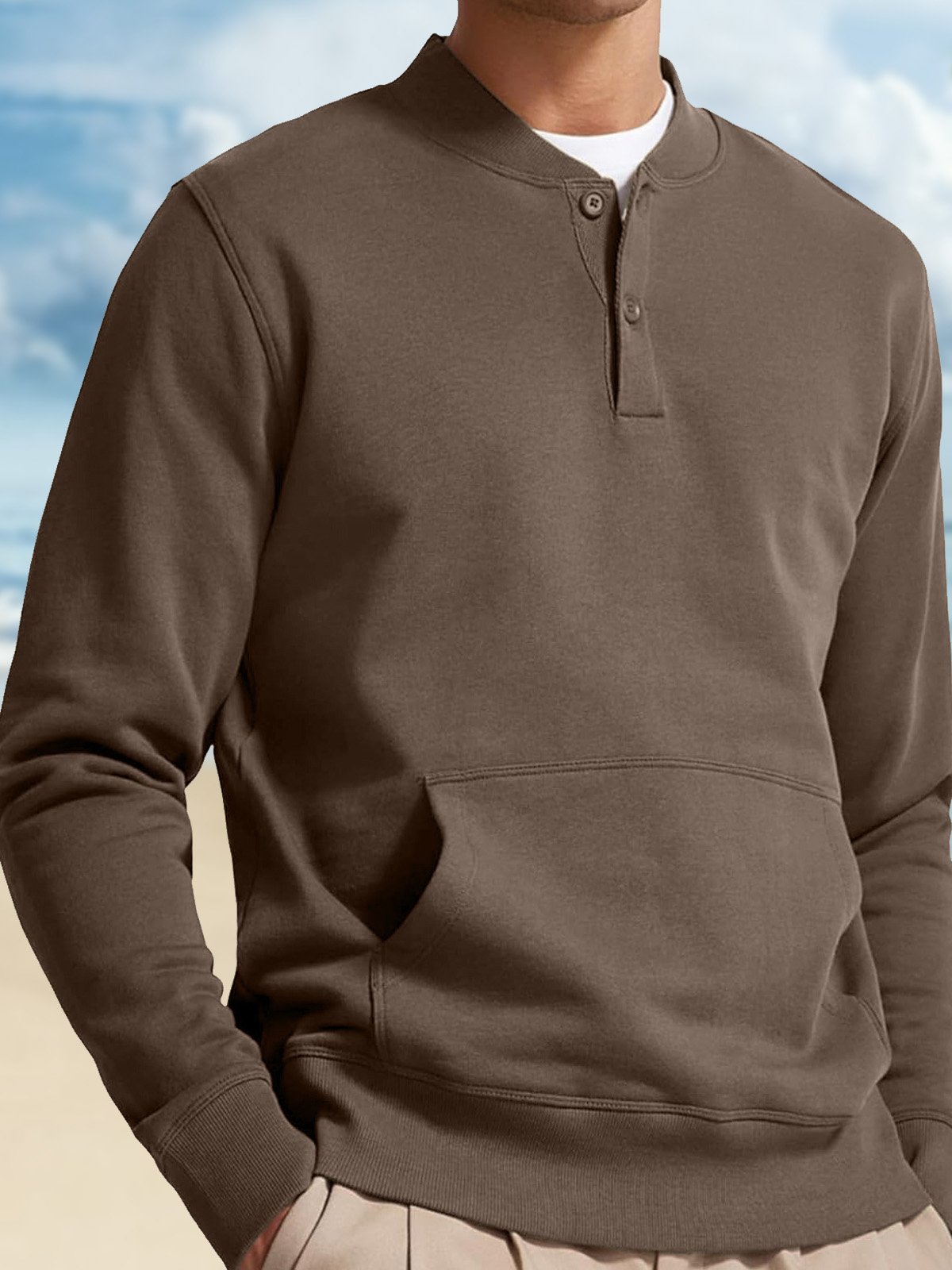 Royaura® Basic Monk Collar Button Men's Long Sleeve Pocket Sweatshirt & Tall