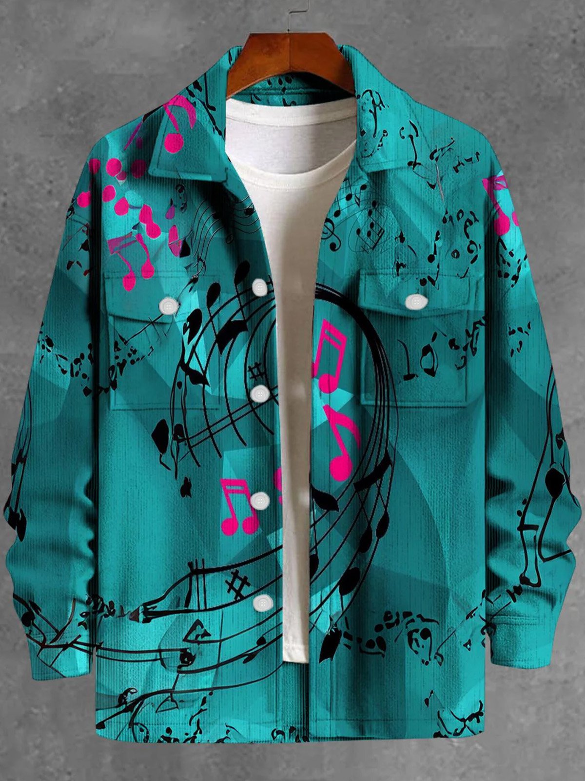 Royaura® Retro Music Notes 3D Digital Printing Men's Workwear Pocket Jacket Coat Big & Tall