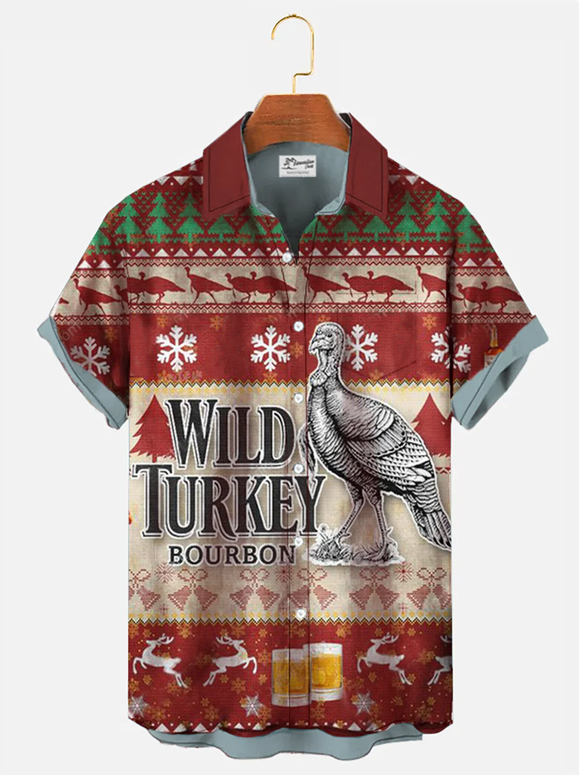 Royaura® Christmas Wild Turkey Bourbon Men's Button Pocket Short Sleeve Shirt Big & Tall