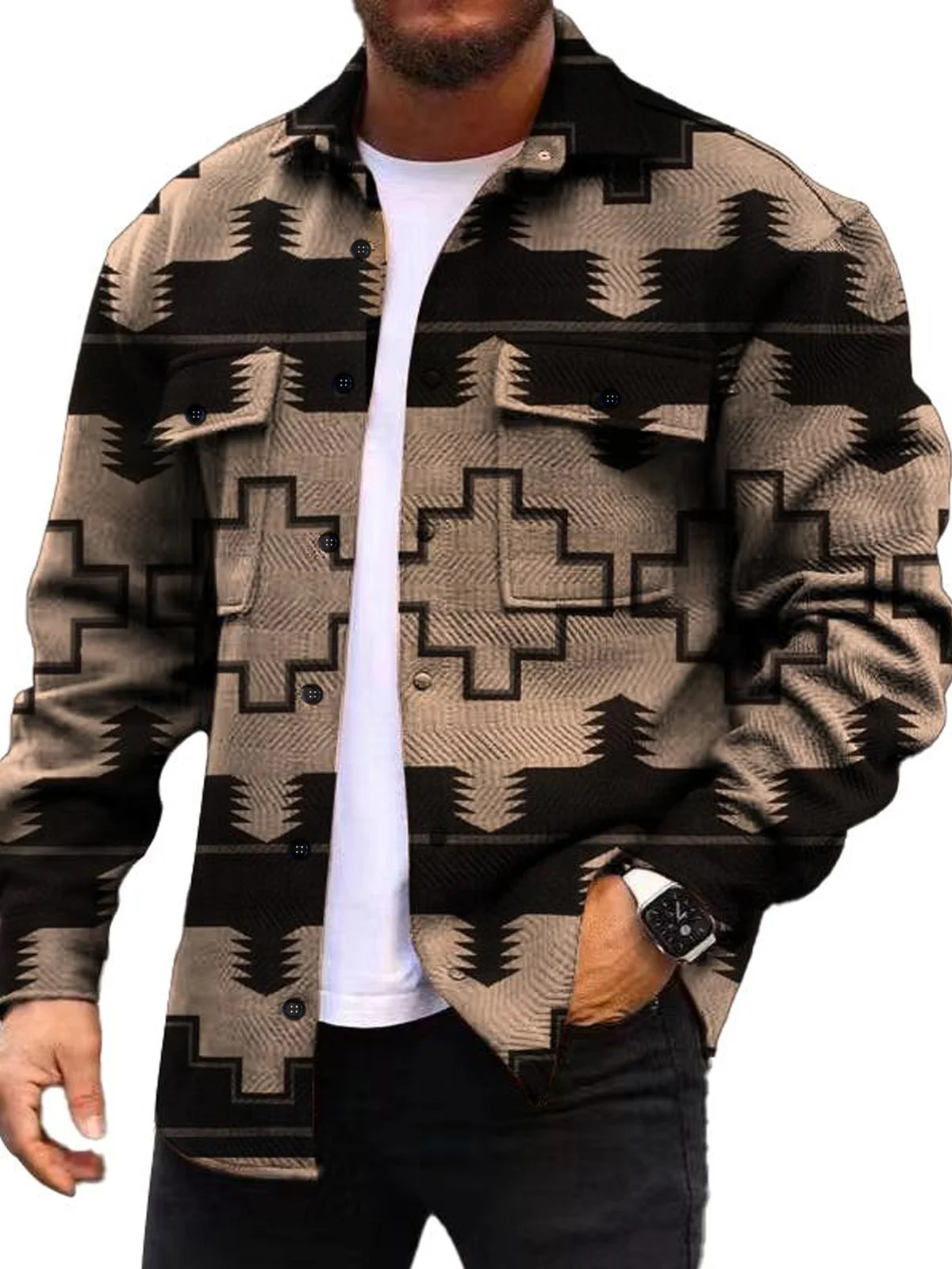 Royaura® Retro Geometric Corduroy  Ethnic Graphics 3D Digital Printing Men's Workwear Pocket Jacket Coat Big & Tall