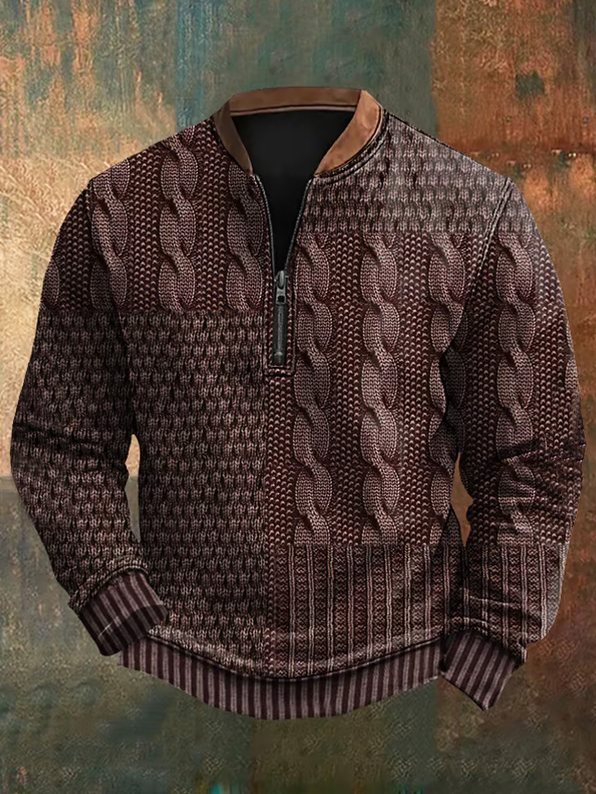 Royaura® Retro Wool Texture 3D Digital Printing Men's Zipper Stand Collar Sweatshirt Big & Tall