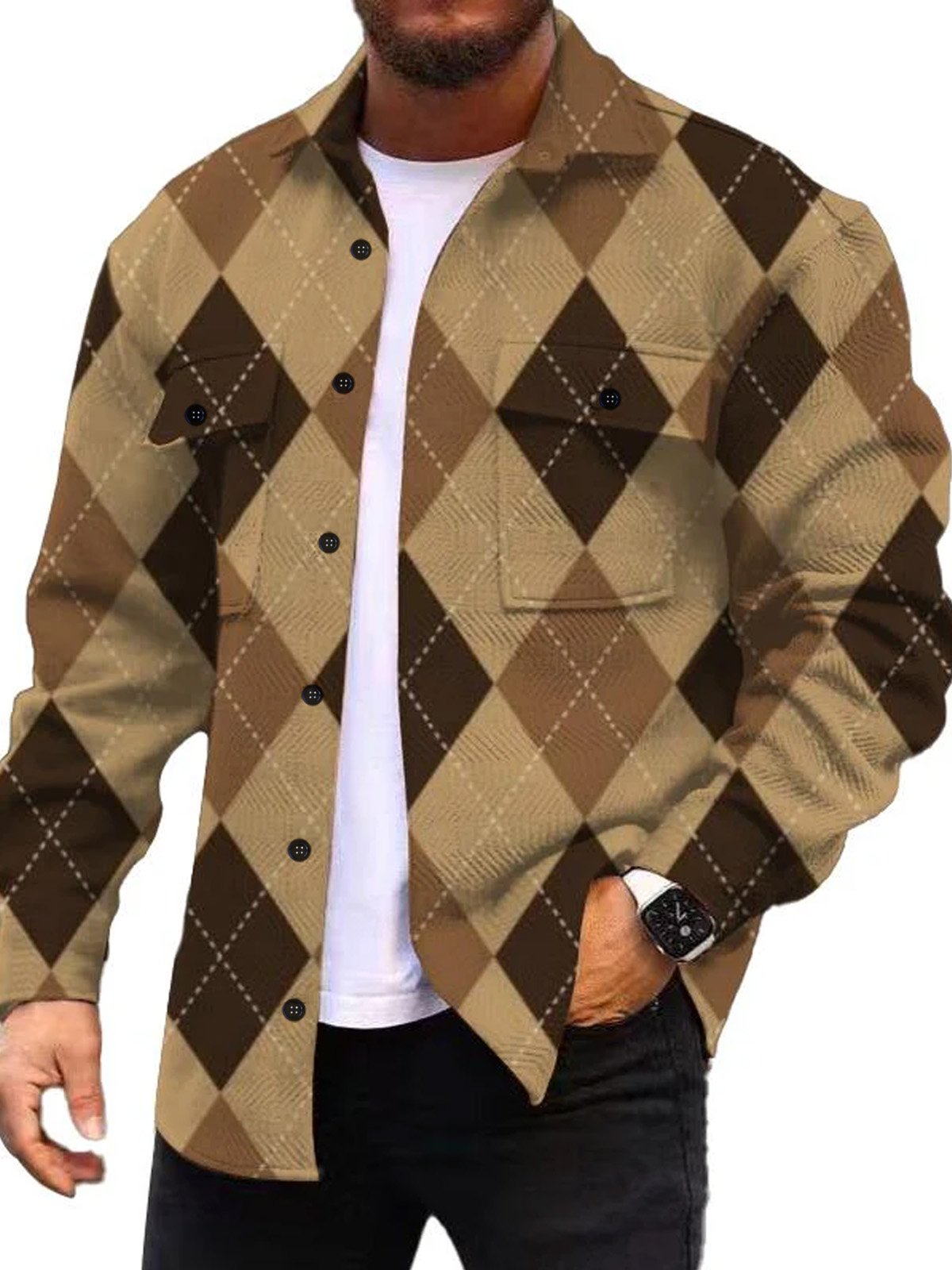 Royaura® Retro Geometric Corduroy  Ethnic Graphics 3D Digital Printing Men's Workwear Pocket Jacket Coat Big & Tall