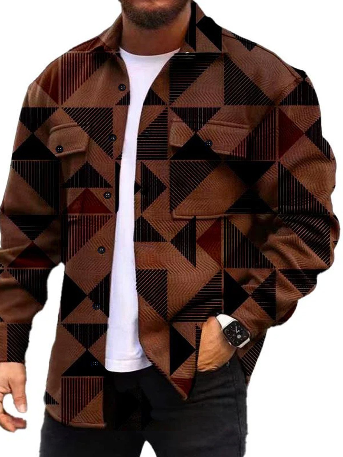 Royaura® Retro Geometric Corduroy  Ethnic Graphics 3D Digital Printing Men's Workwear Pocket Jacket Coat Big & Tall