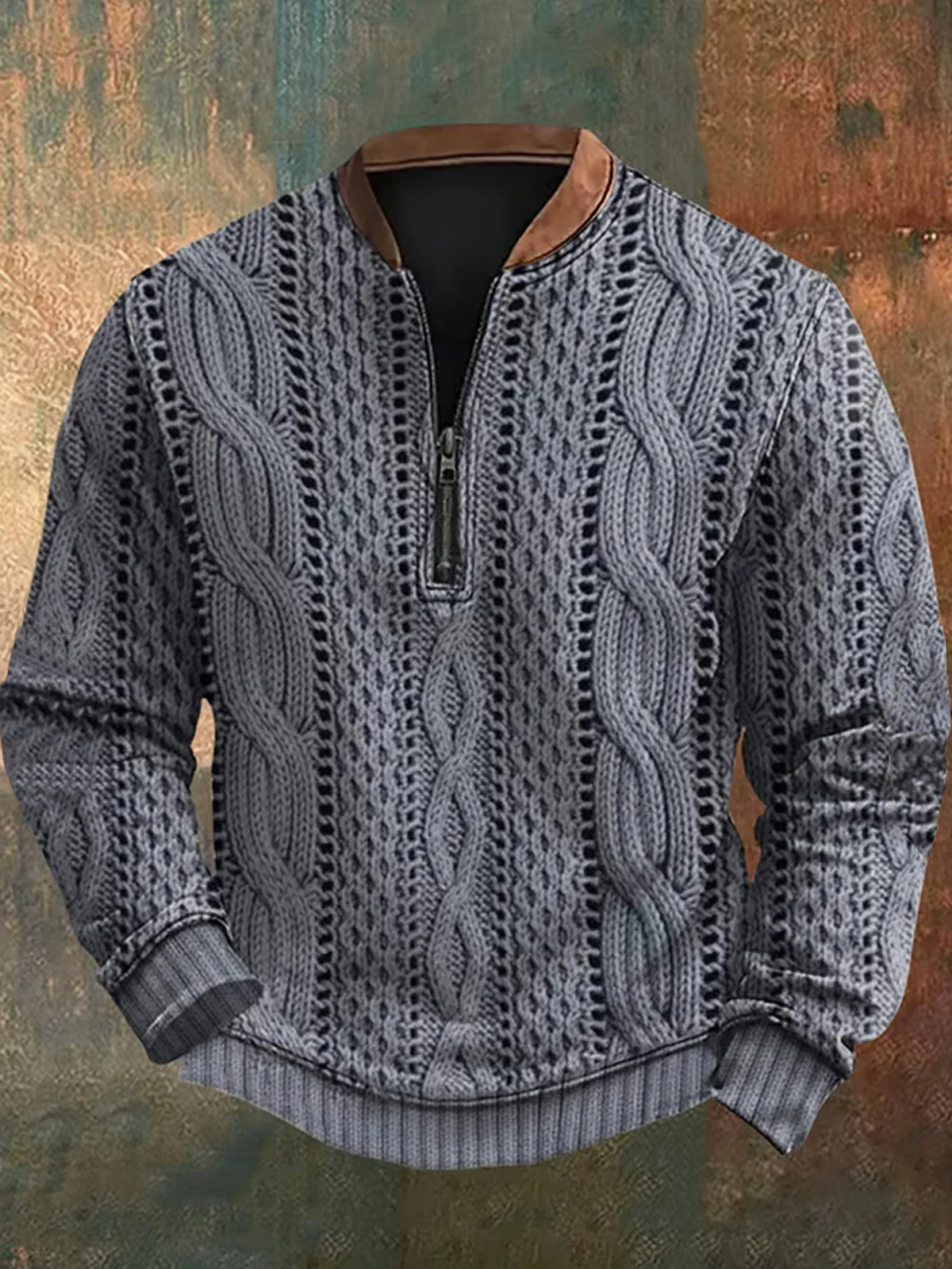 Royaura® Retro Wool Texture 3D Digital Printing Men's Zipper Stand Collar Sweatshirt Big & Tall