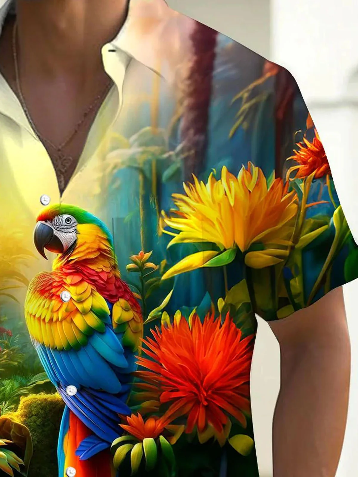 Royaura® Parrot 3D digital print men's button pocket short sleeve Hawaiian shirt Big & Tall