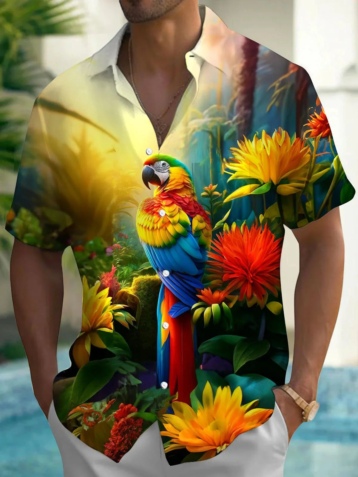 Royaura® Parrot 3D digital print men's button pocket short sleeve Hawaiian shirt Big & Tall