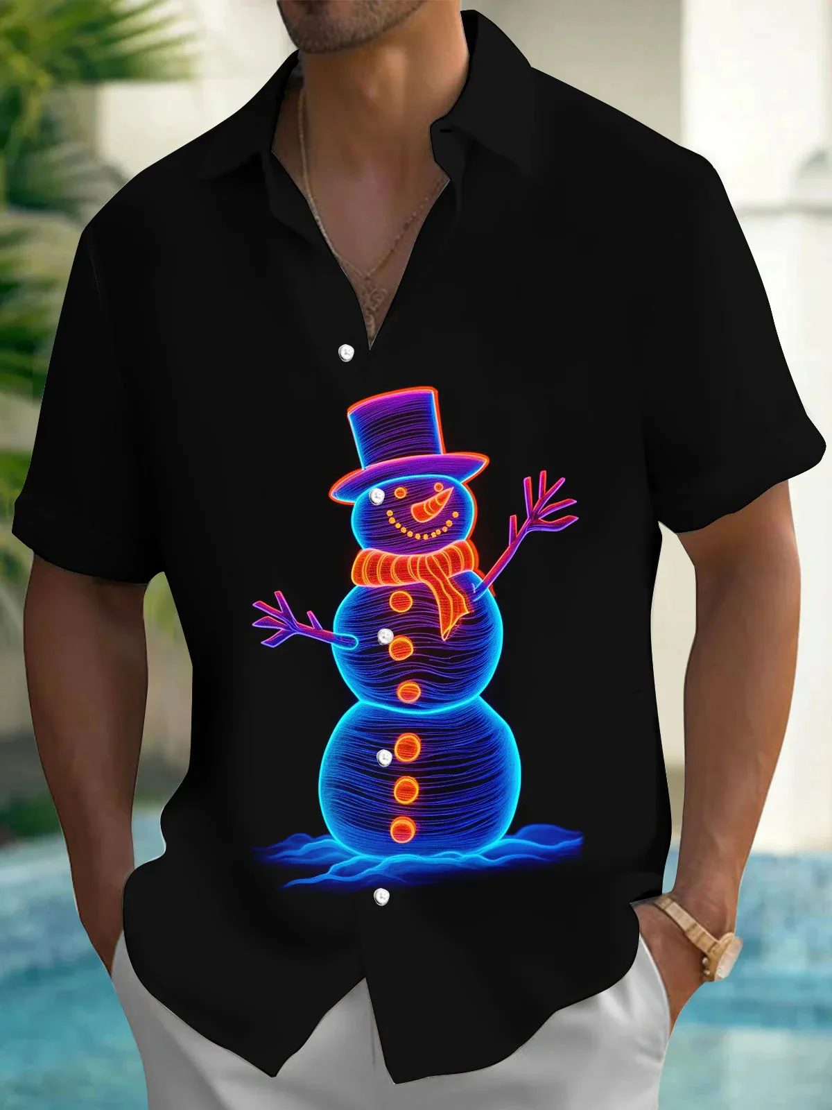 Royaura® Christmas Snowman 3D Digital Printing Men's Button Pocket Short Sleeve Aloha Shirt Big & Tall