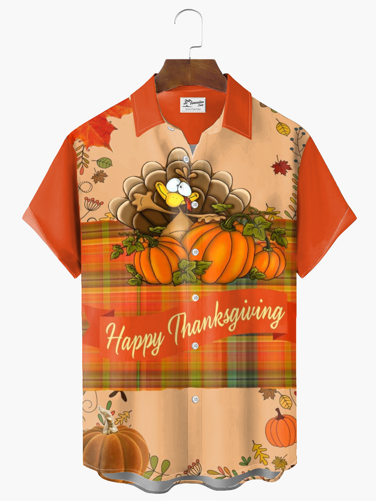 Royaura® Happy Thanksgiving Pumpkin Print Men's Holiday Button Pocket Short Sleeve Shirt Big & Tall