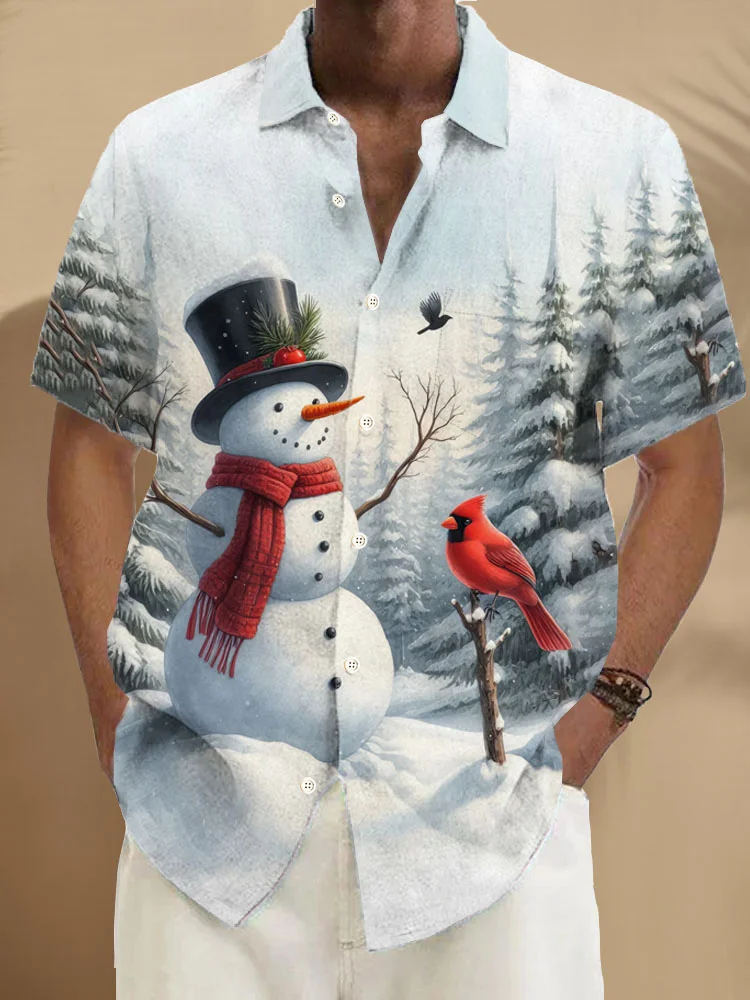 Royaura® Christmas Snowman Print Men's Button Pocket Short Sleeve Aloha Shirt Big & Tall