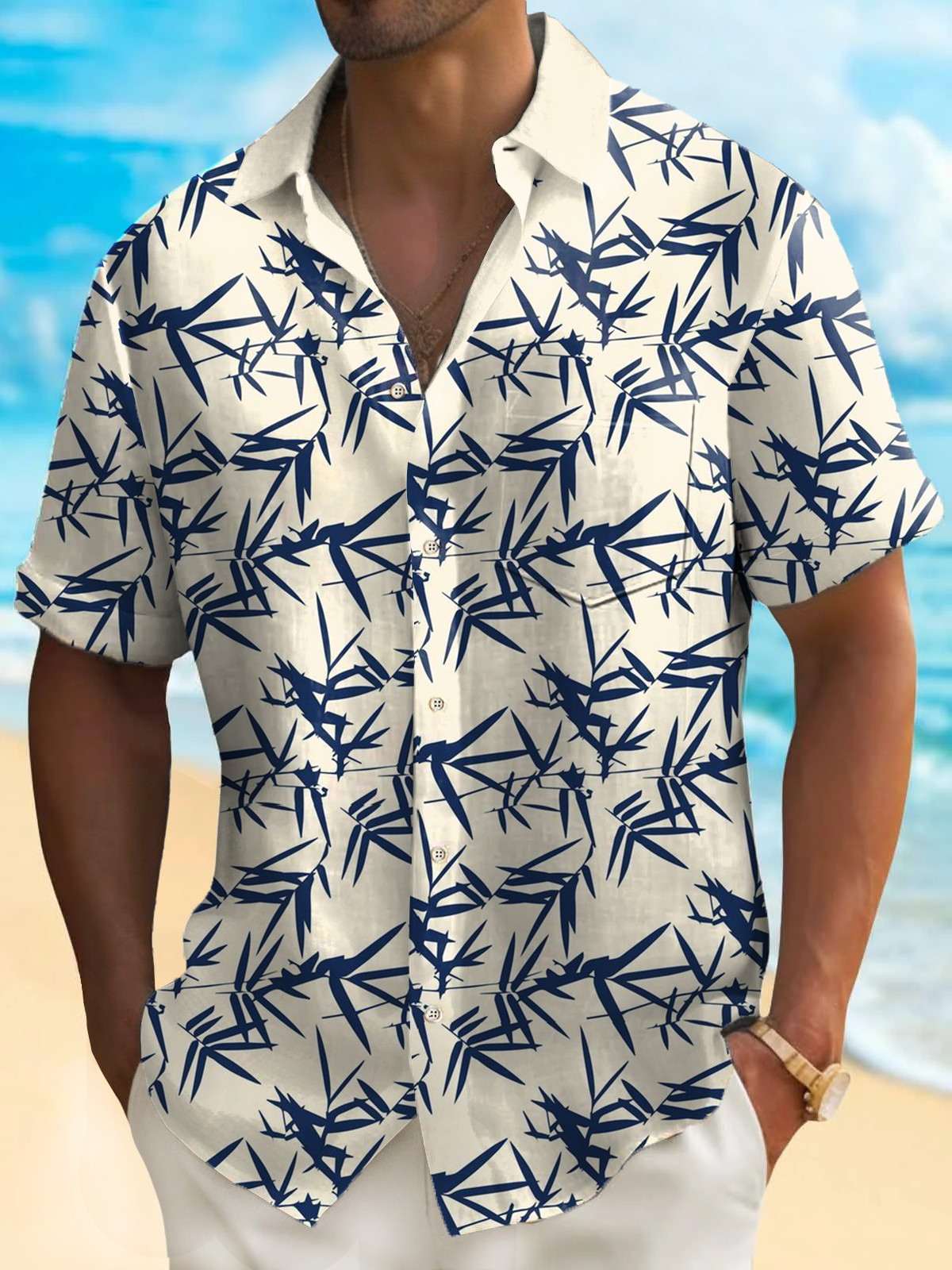 Royaura® Hawaiian Bamboo Print Men's Tropic Button Pocket Short Sleeve Shirt Big & Tall