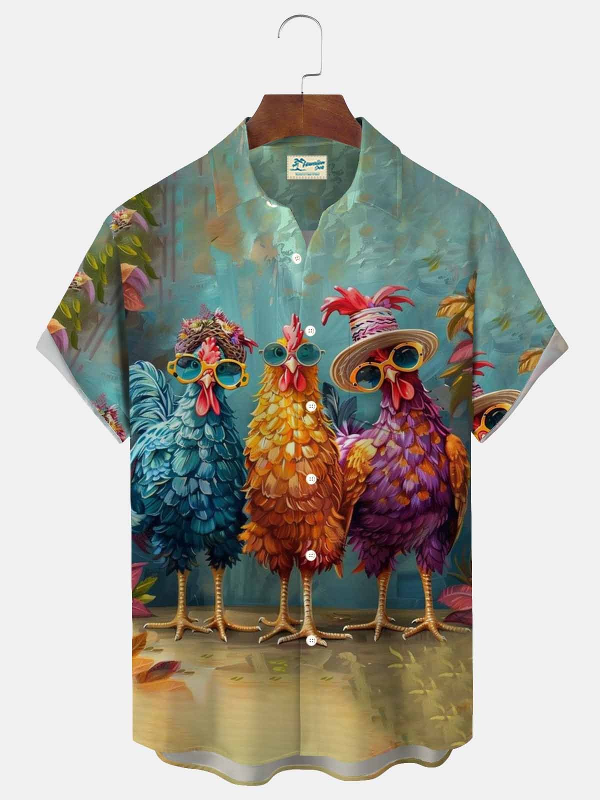 Royaura® Fun Rooster Print Men's Button Pocket Short Sleeve Shirt Big & Tall