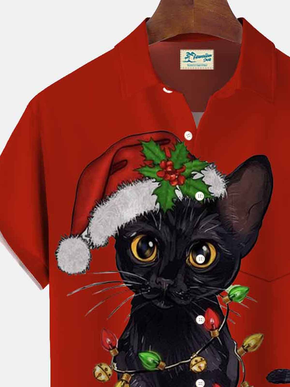 Royaura® Christmas Cat Print Men's Button Pocket Short Sleeve Shirt Big & Tall