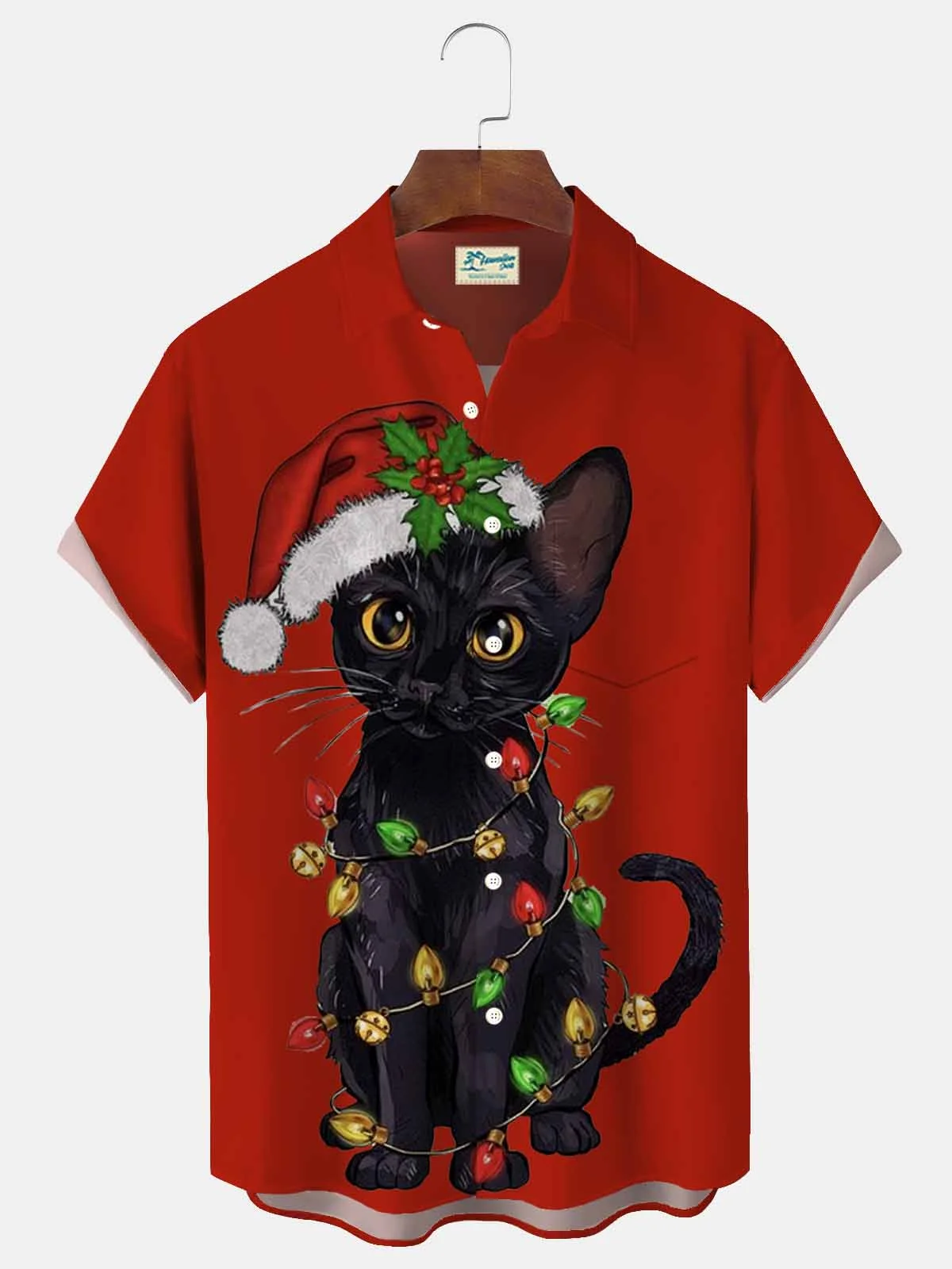 Royaura® Christmas Cat Print Men's Button Pocket Short Sleeve Shirt Big & Tall