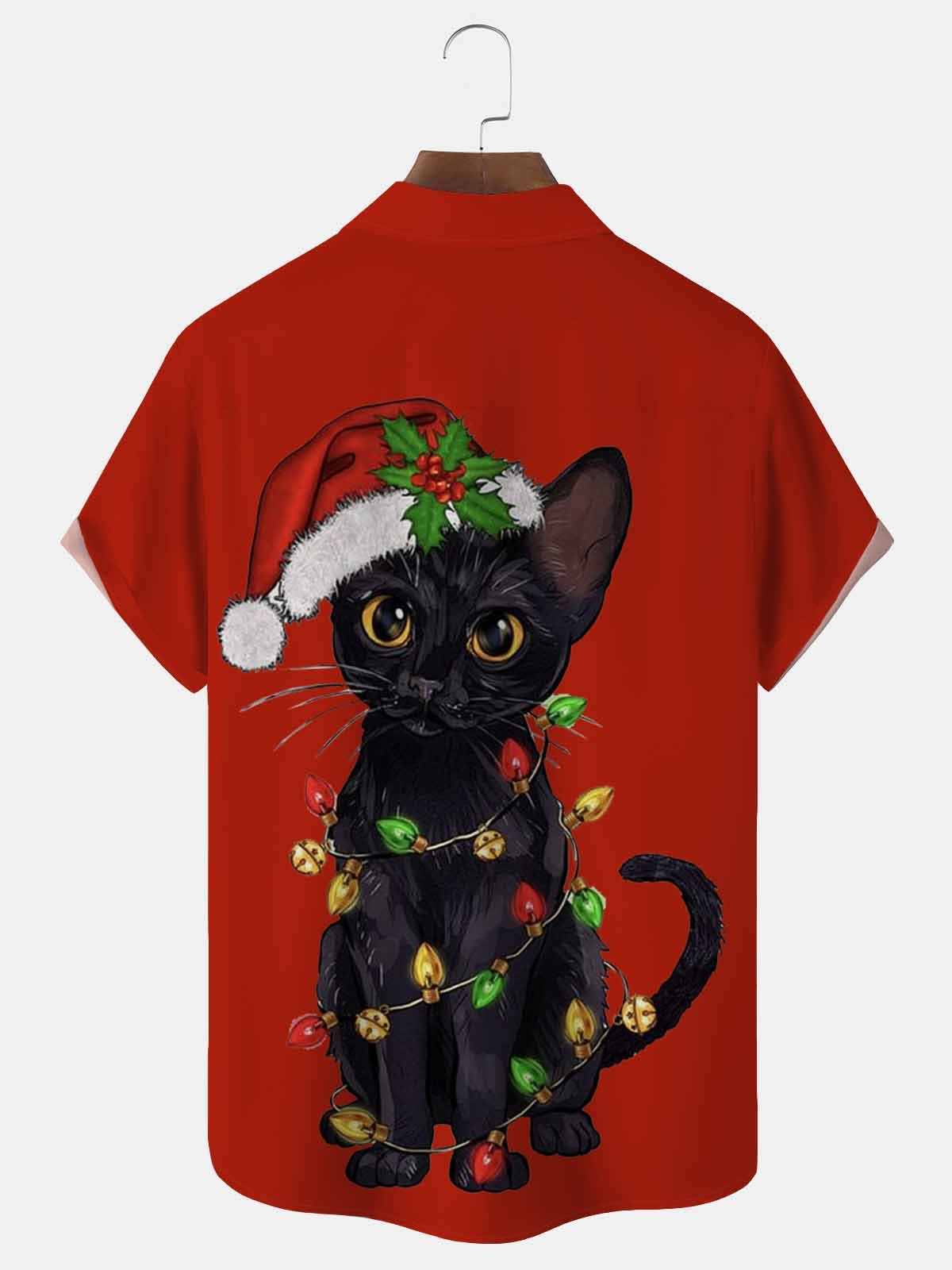 Royaura® Christmas Cat Print Men's Button Pocket Short Sleeve Shirt Big & Tall