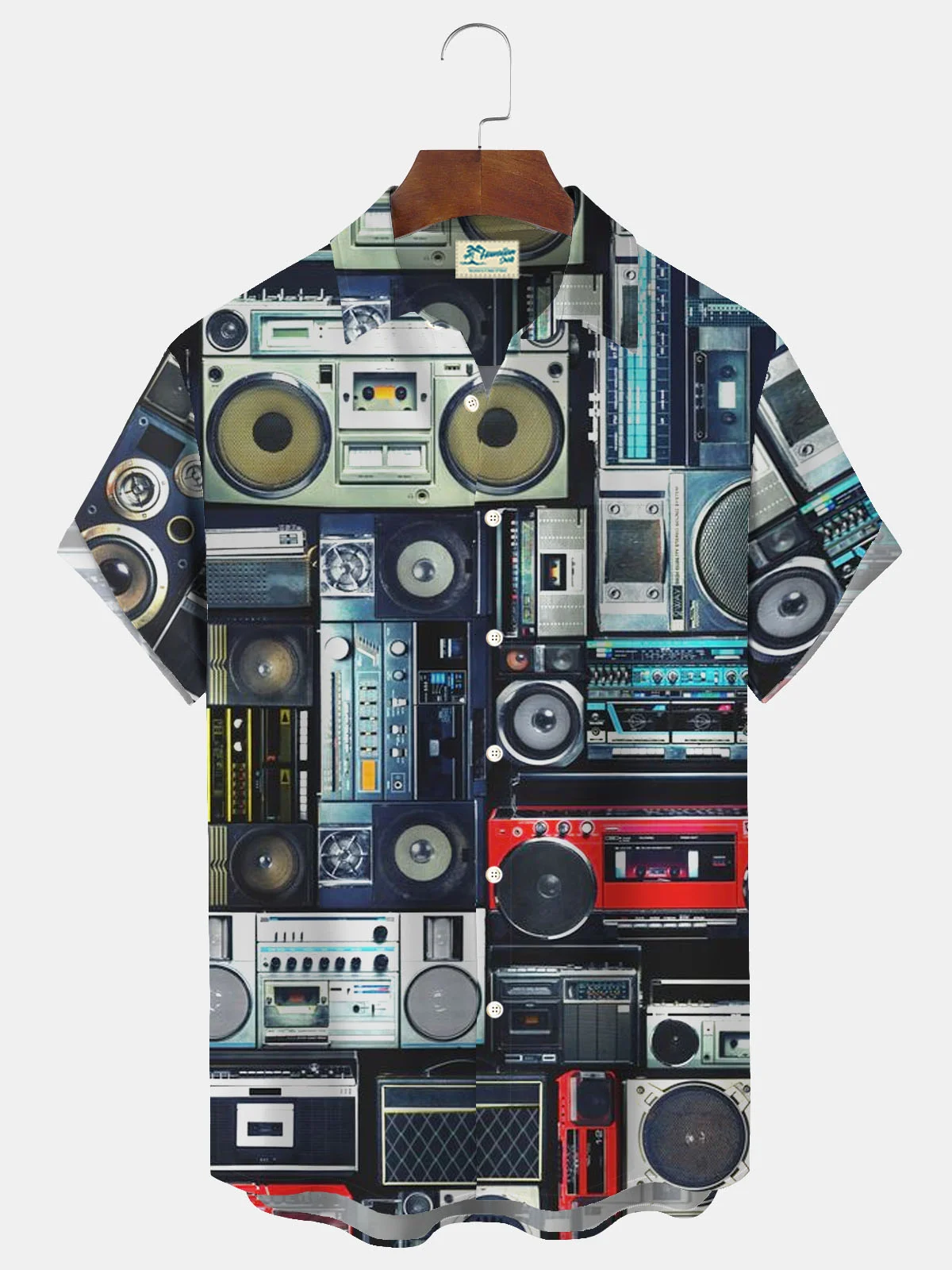 Royaura® Men's Retro Music Speaker Print Button Pocket Short Sleeve Shirt Big & Tall