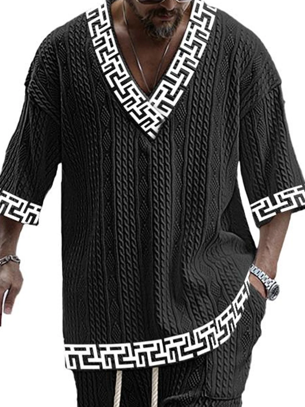 Royaura® Retro Geometric Band Graphic Print Men's Two-Piece Top And Shorts Big & Tall