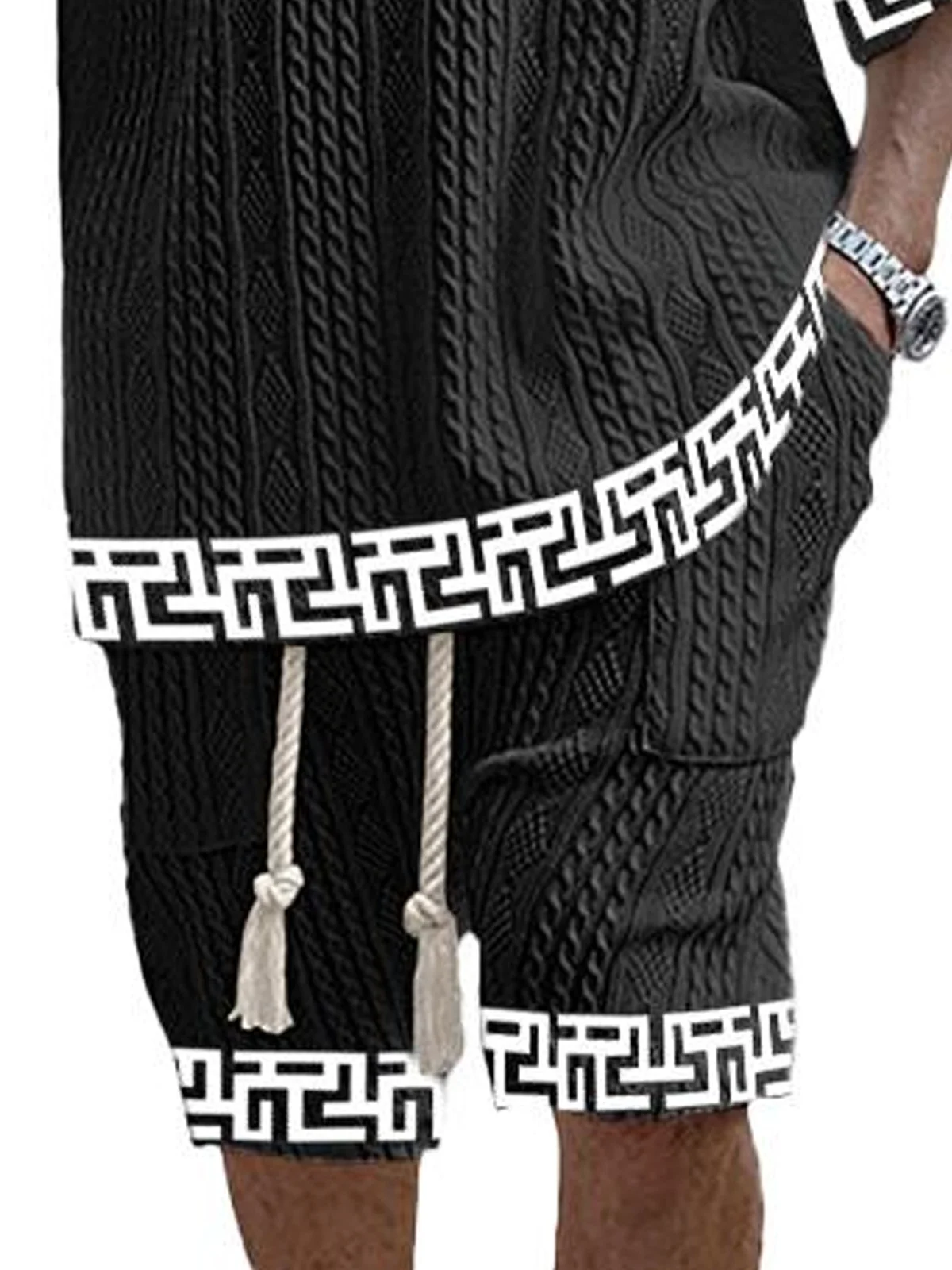 Royaura® Retro Geometric Band Graphic Print Men's Two-Piece Top And Shorts Big & Tall