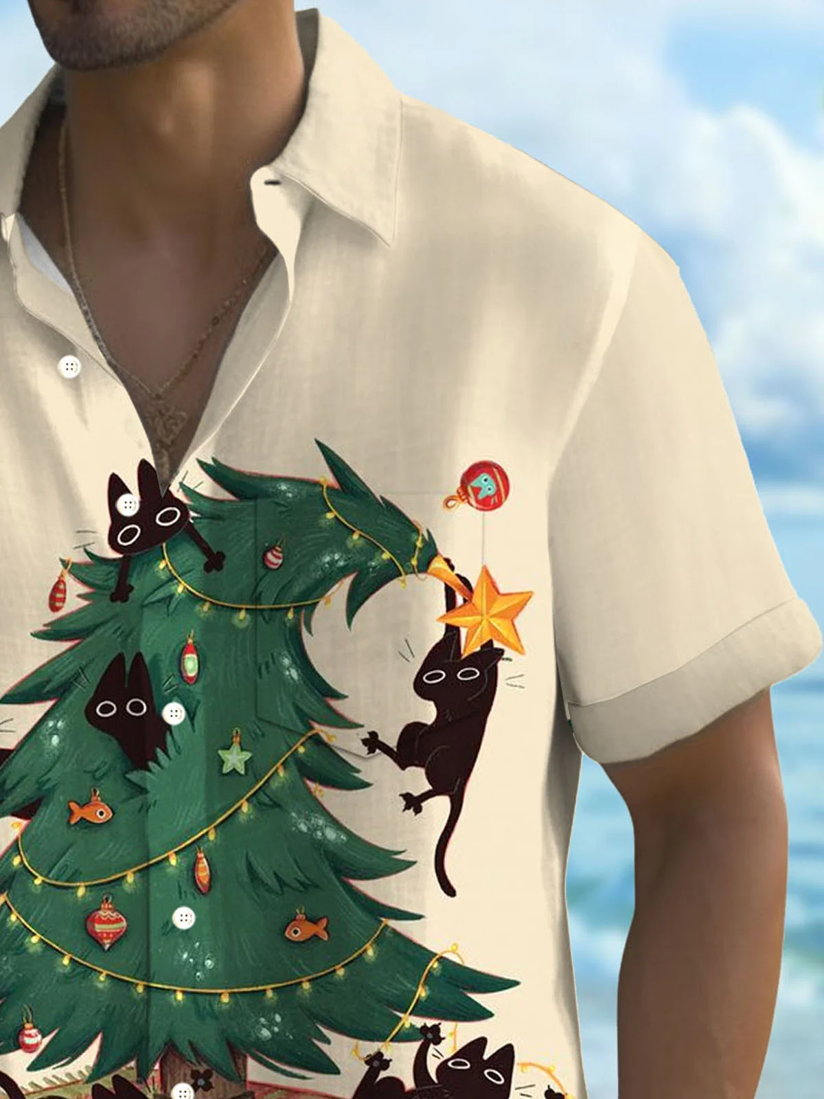 Royaura® Christmas Fun Christmas Tree Print Men's Button Pocket Short Sleeve Shirt Big & Tall