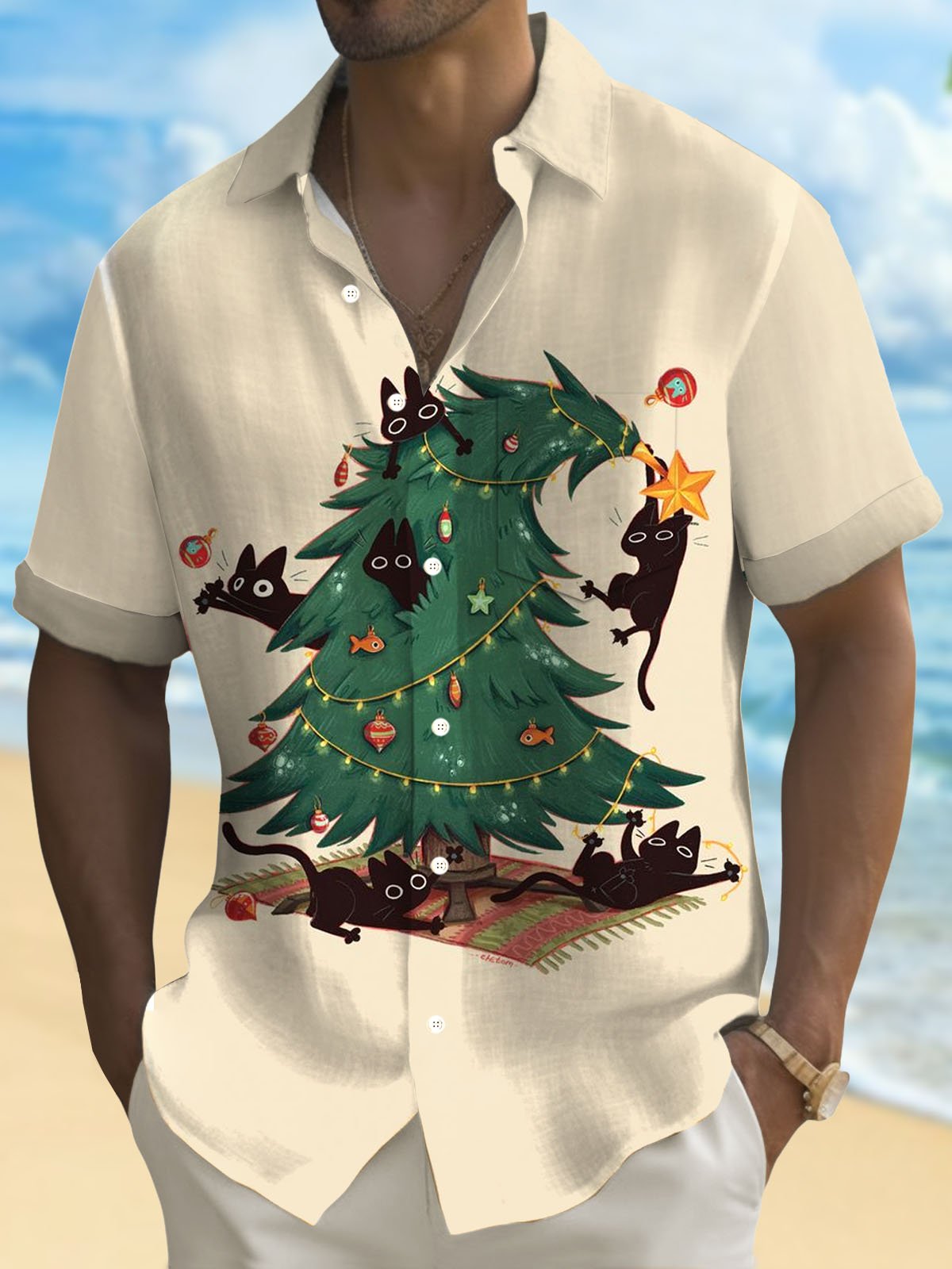 Royaura® Christmas Fun Christmas Tree Print Men's Button Pocket Short Sleeve Shirt Big & Tall