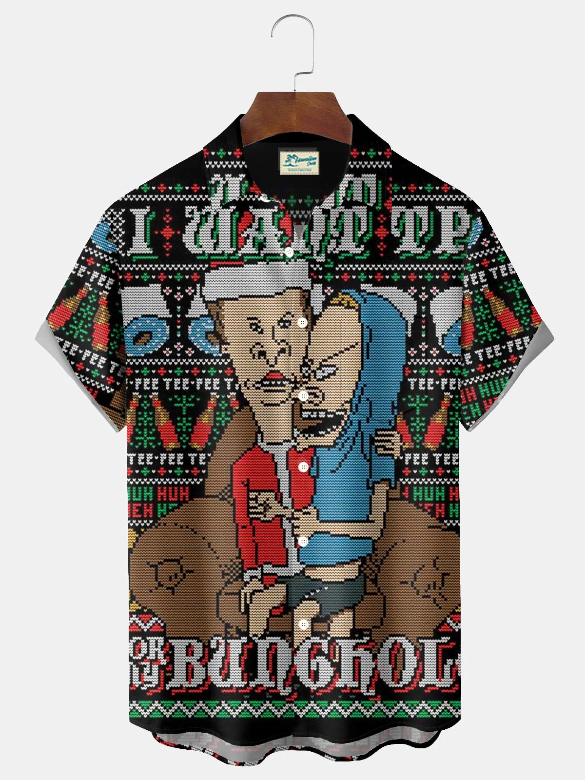 Royaura® Christmas Fun Cartoon Print Men's Button Pocket Short Sleeve Shirt Big & Tall