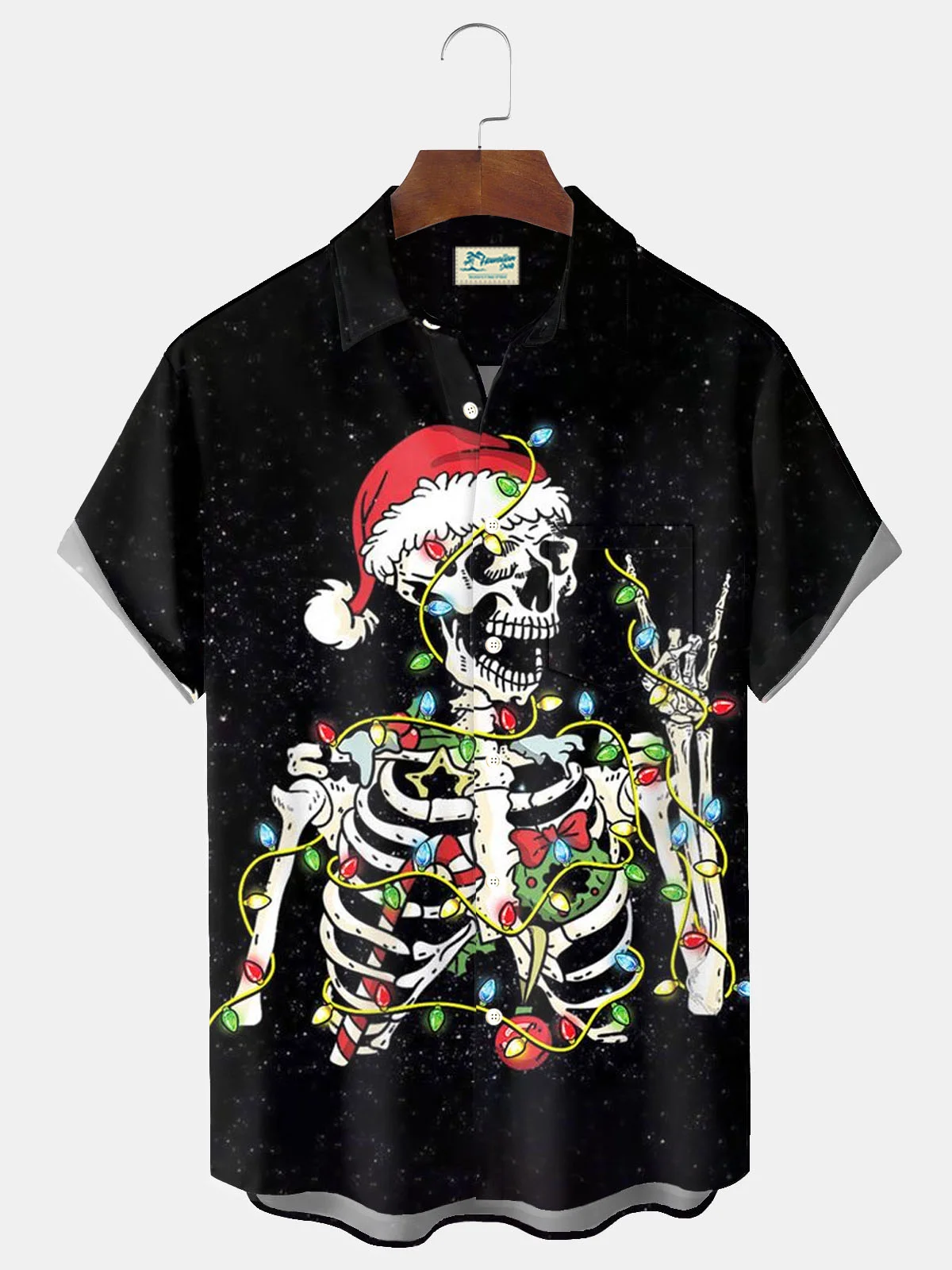 Royaura® Christmas Skull Christmas Hat Lantern Print Men's Button Pocket Short Sleeve Shirt Big & Tall