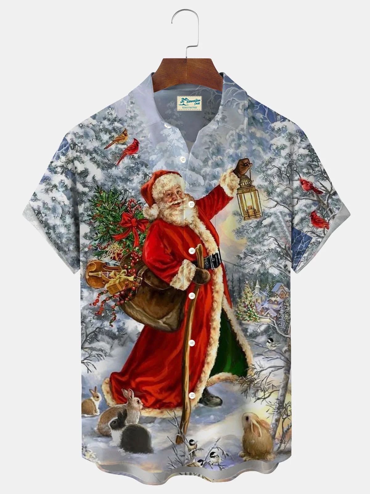 Royaura® Christmas Xmas Santa Print Men's Button Pocket Short Sleeve Shirt Big & Tall