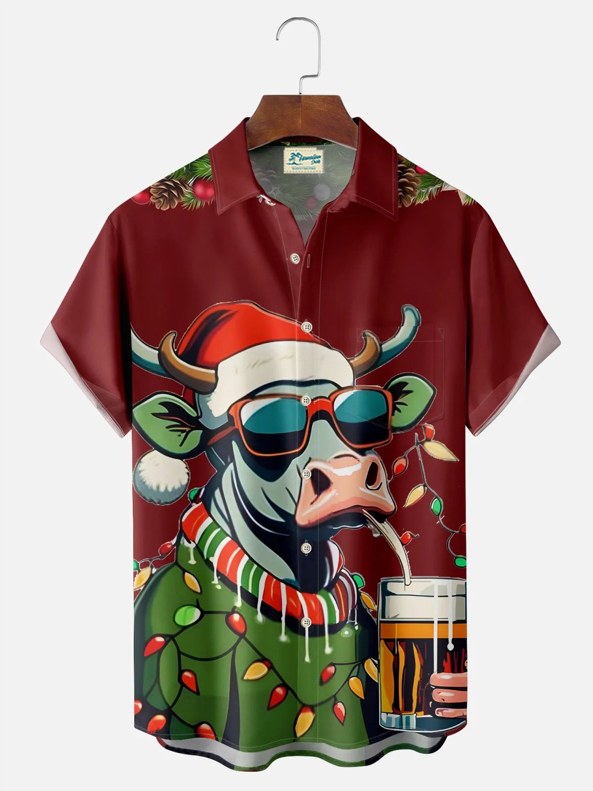 Royaura® Christmas Men's Cow Cartoon Print Chest Pocket Stretch Hawaiian Shirt Big Tall