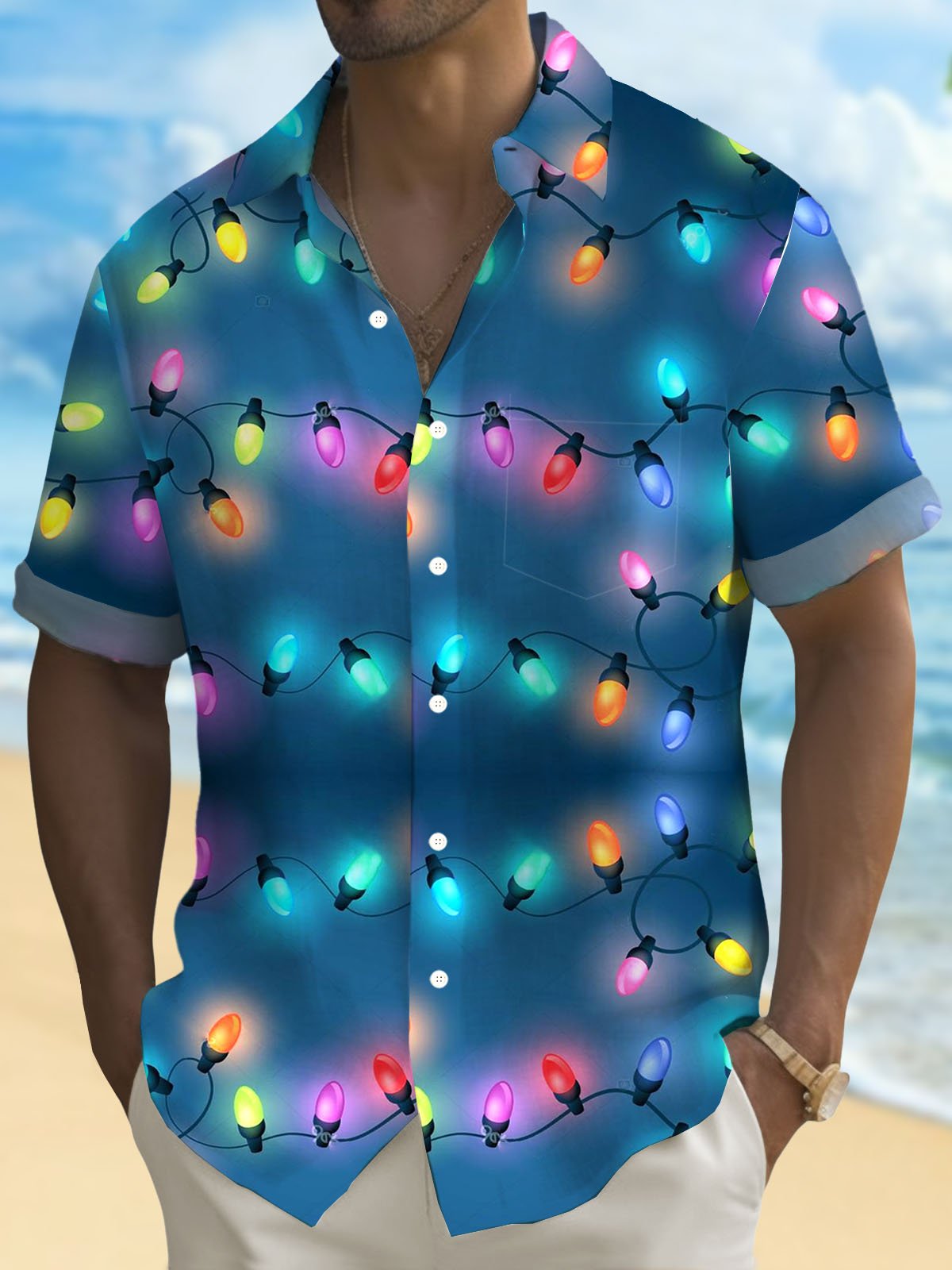 Royaura® Christmas Lights Print Men's Button Pocket Short Sleeve Shirt Big & Tall