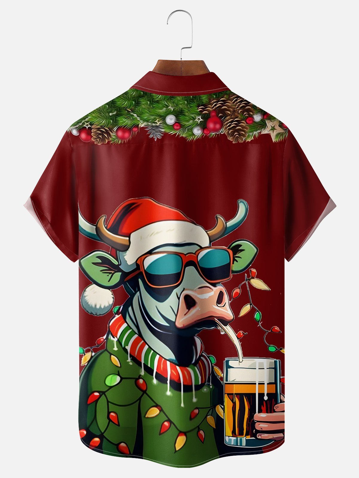 Royaura® Christmas Men's Cow Cartoon Print Chest Pocket Stretch Hawaiian Shirt Big Tall