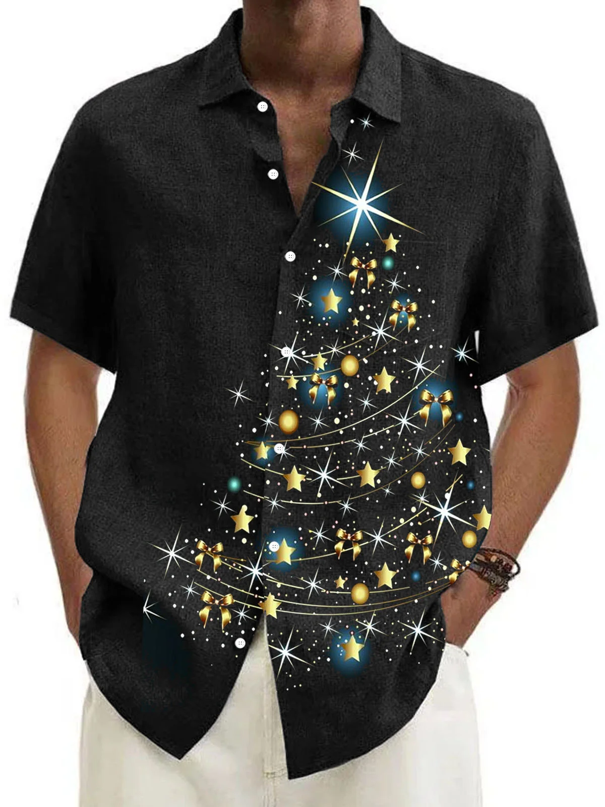 Royaura® Christmas Print Men's Button Pocket Short Sleeve Shirt Big & Tall