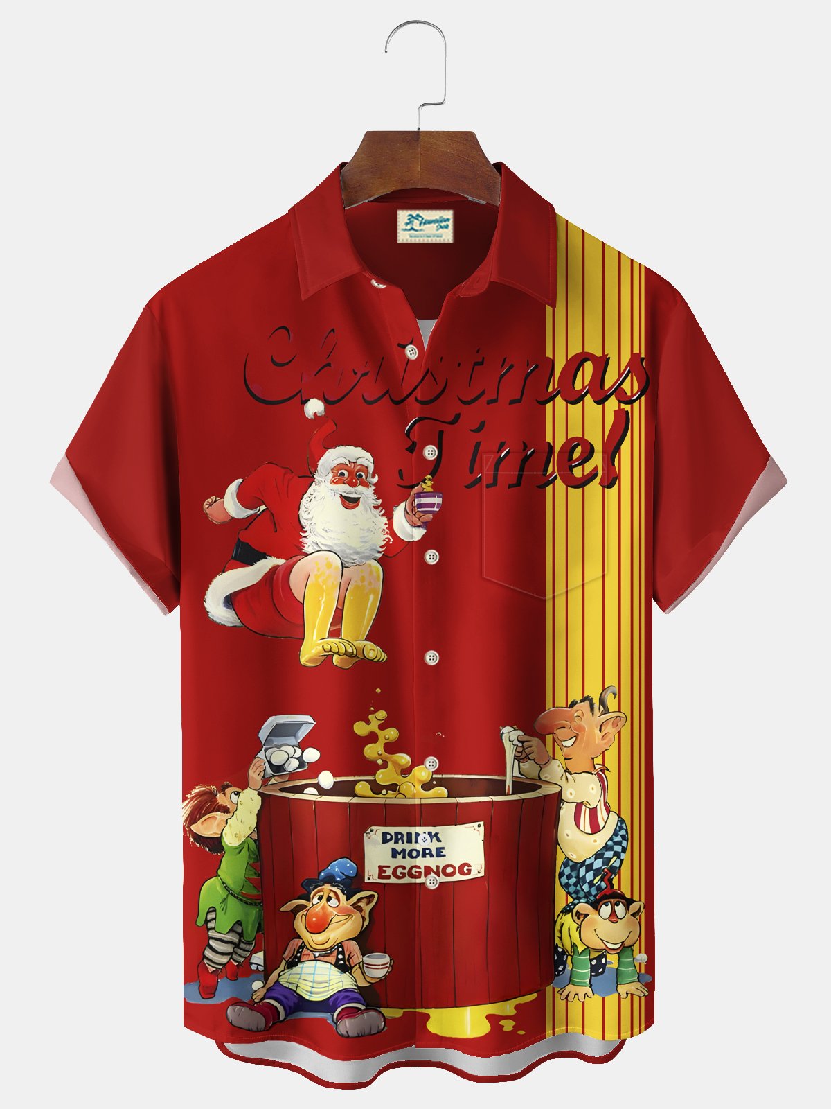 Royaura® Vintage Bowling Men's Santa Claus Cartoon Print Chest Pocket Stretch Hawaiian Shirt Big Tall