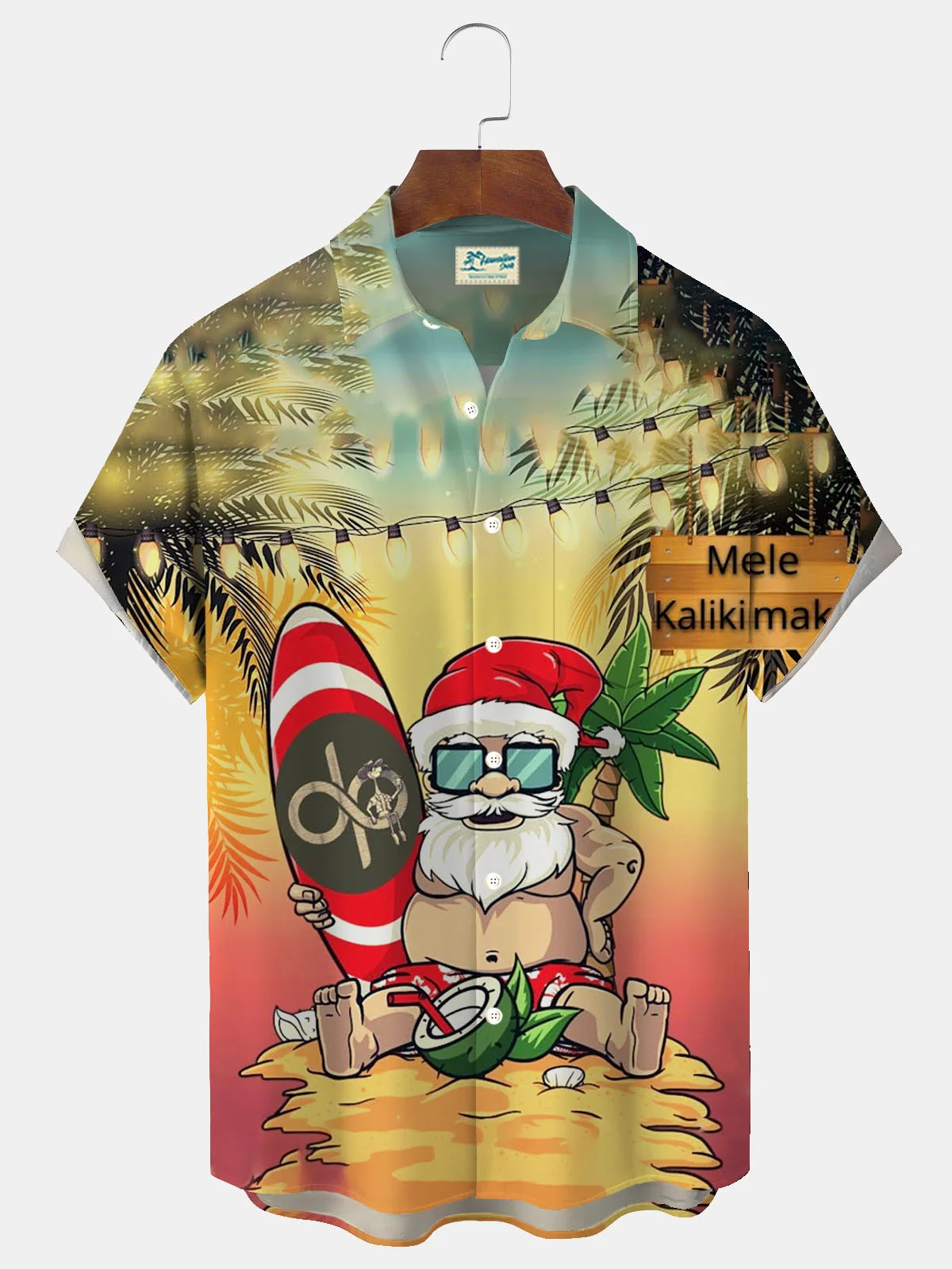 Royaura® Christmas Beach Lights Print Men's Button Pocket Short Sleeve Shirt Big & Tall