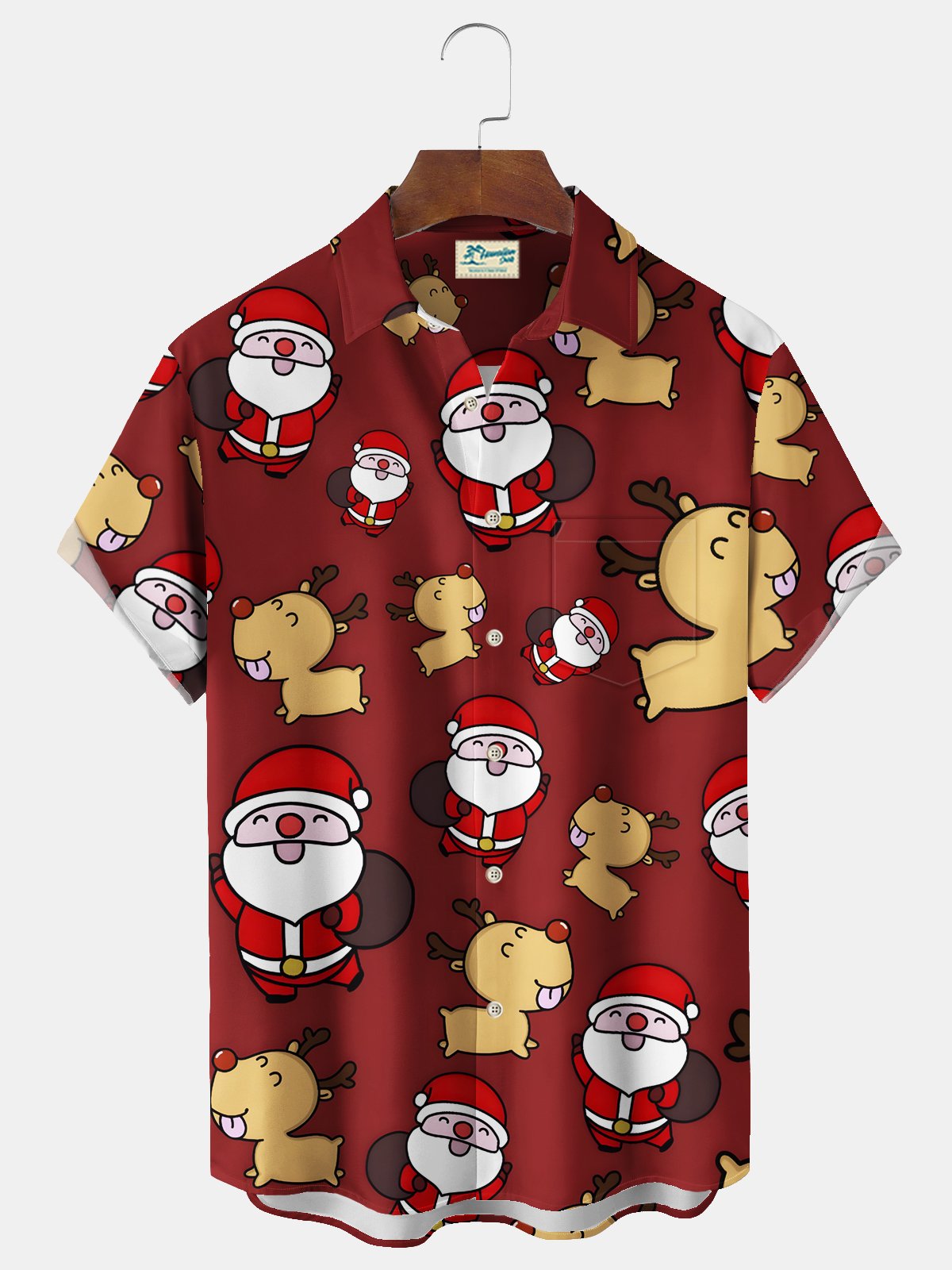 Royaura® Christmas Men's Santa Claus Elk Print Chest Pocket Stretch Hawaiian Shirt Big Tall