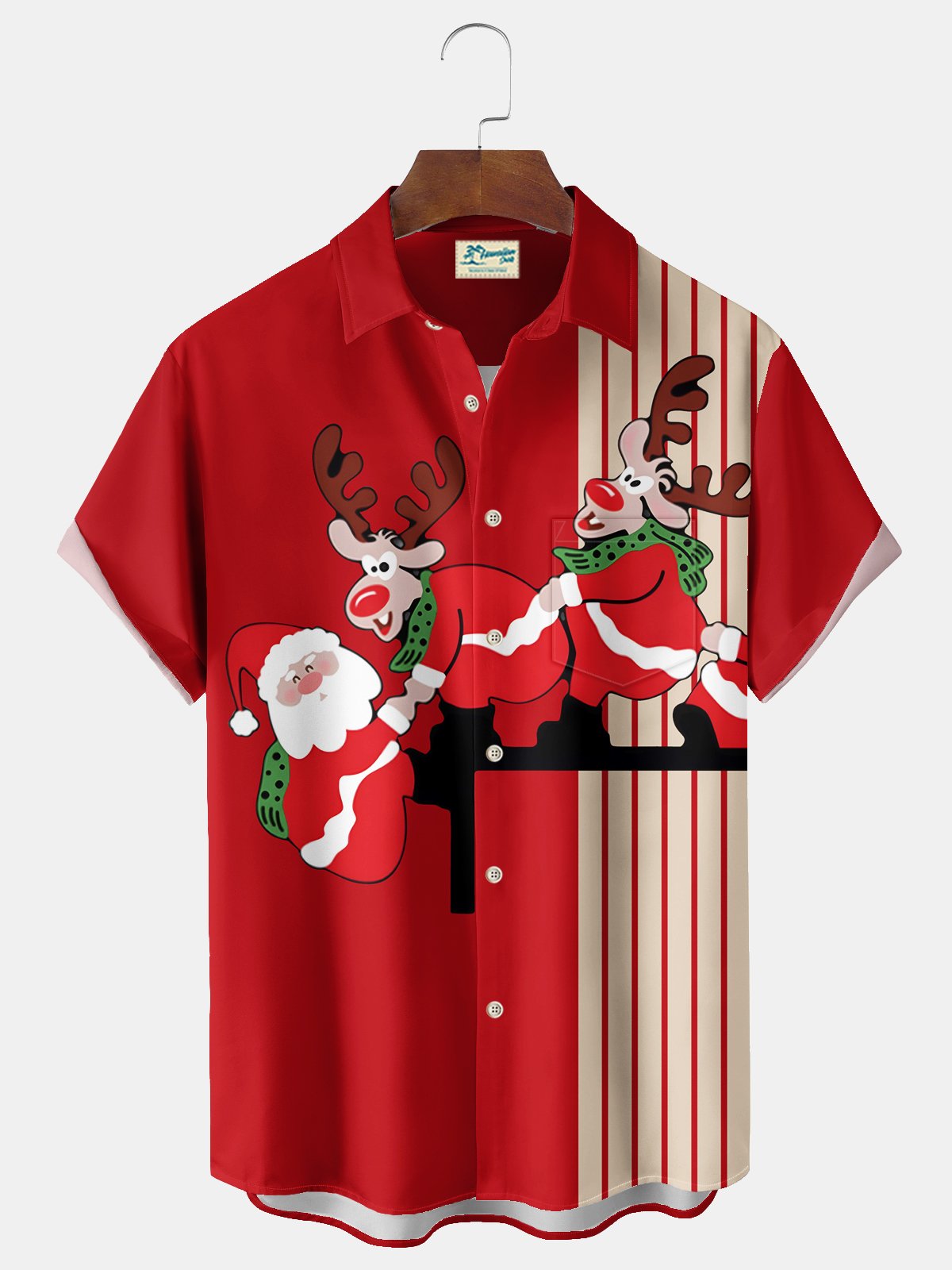 Royaura® Vintage Bowling Men's Santa Elk Cartoon Print Chest Pocket Stretch Hawaiian Shirt Big Tall