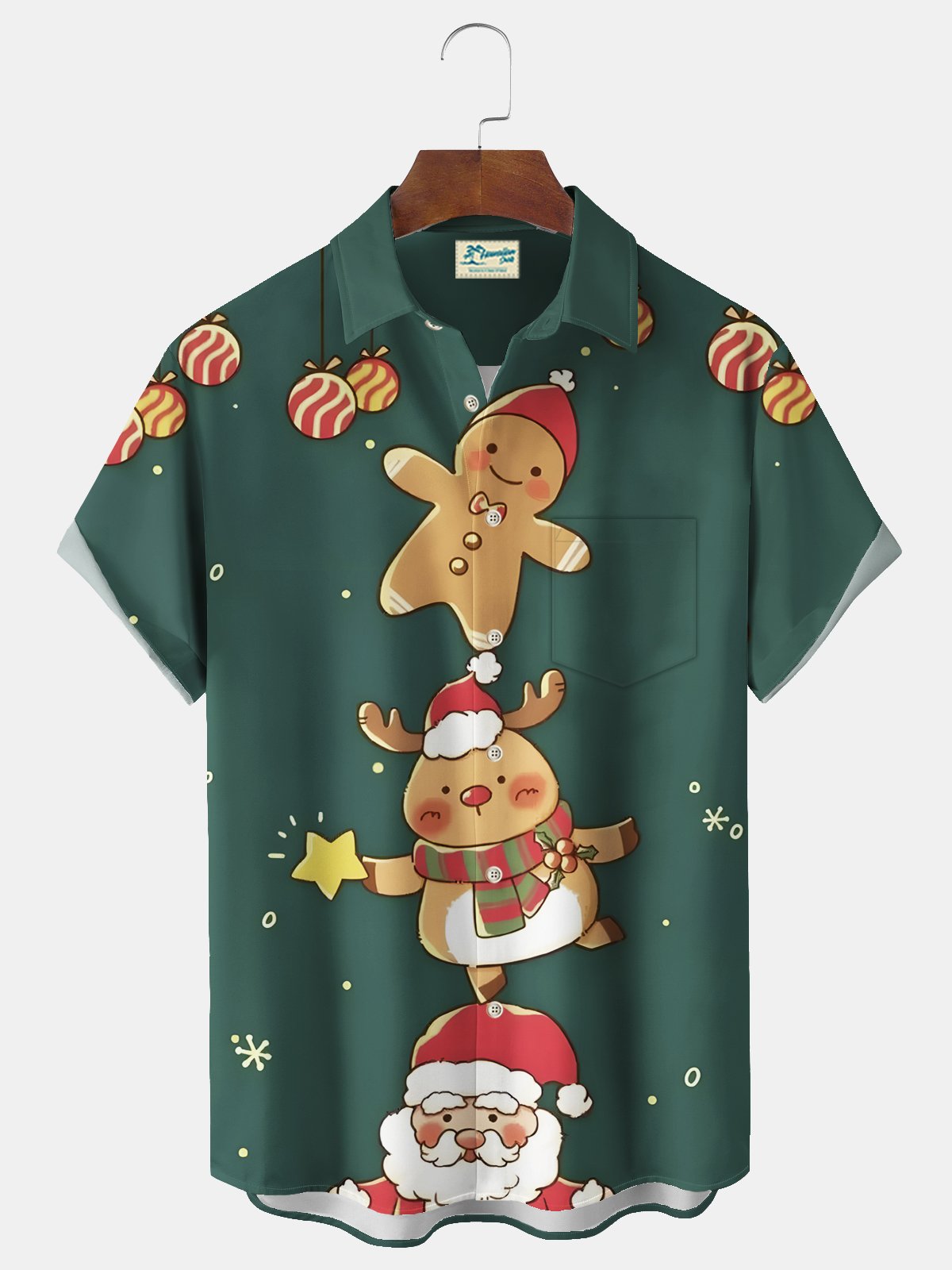 Royaura® Christmas Men's Santa Elk Cookie Printed Chest Pocket Stretch Hawaiian Shirt Big Tall