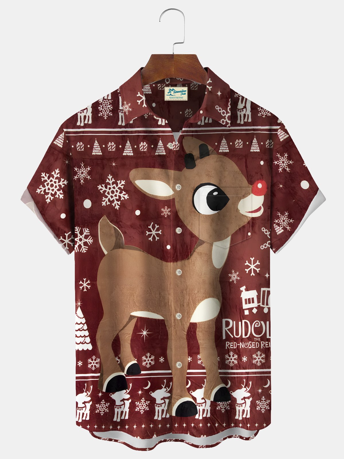 Royaura® Christmas Men's Elk Cartoon Print Chest Pocket Stretch Hawaiian Shirt Big Tall